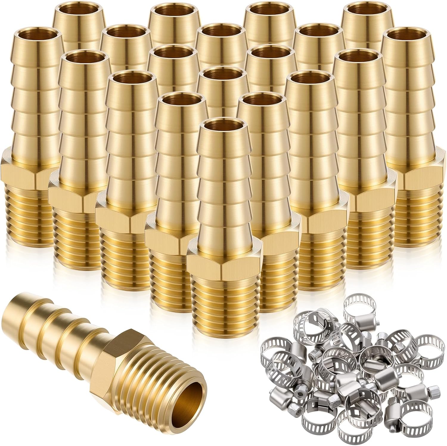 20 Pack Air Hose Fittings, 3/8" Barb to 1/4" NPT Air Hose Repair Kit with 20 Clamps, Male Thread Adapter Connector for Compressor, Gas, Auto Shop