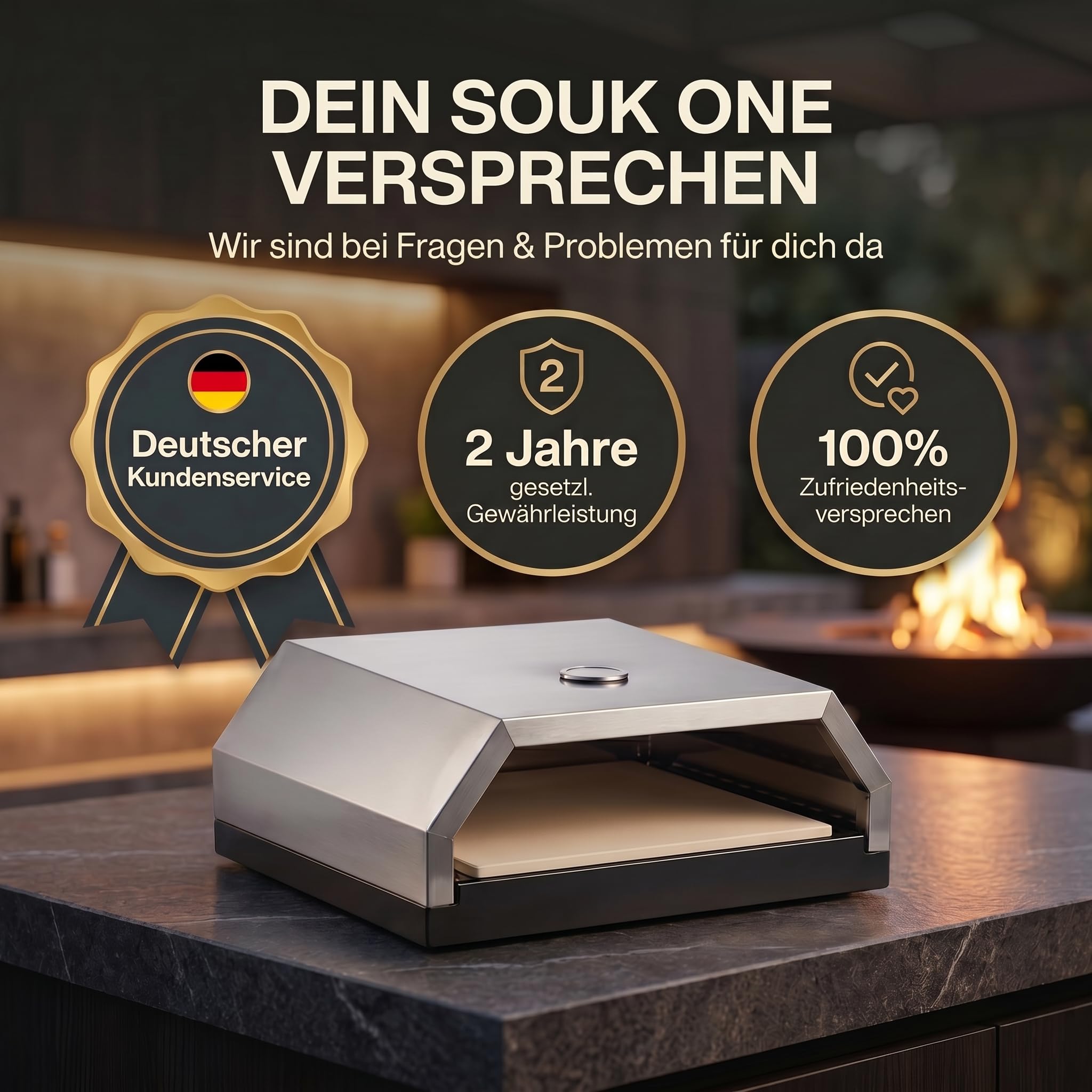Pizzaofen aus Edelstahl mit Pizzastein für Gasgrill & Holzkohlegrill – Pizzabox für BBQ mit Thermometer (Silber)