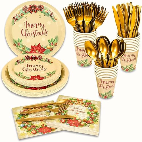 Juego de 175 piezas desechables para fiestas de Navidad, vajilla para fiesta de Navidad, platos de papel y servilletas para 25 invitados (tipo 1)