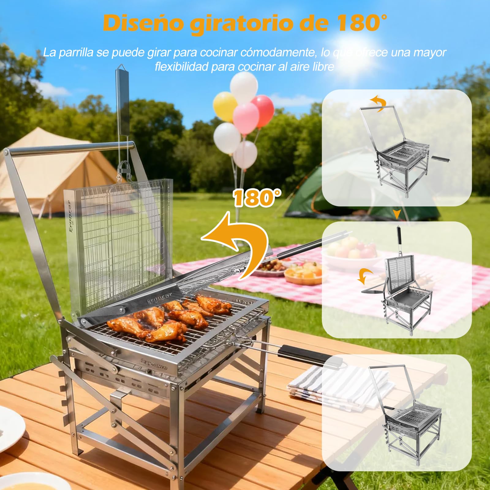 Ergocar Parrilla De Barbacoa Carbón - Parrilla Portátil Multifuncional Para Giratorio Exteriores Con Bandeja Carbón 4 Niveles y Altura Ajustable Ideal Para Picnics, Acampadas y Barbacoas