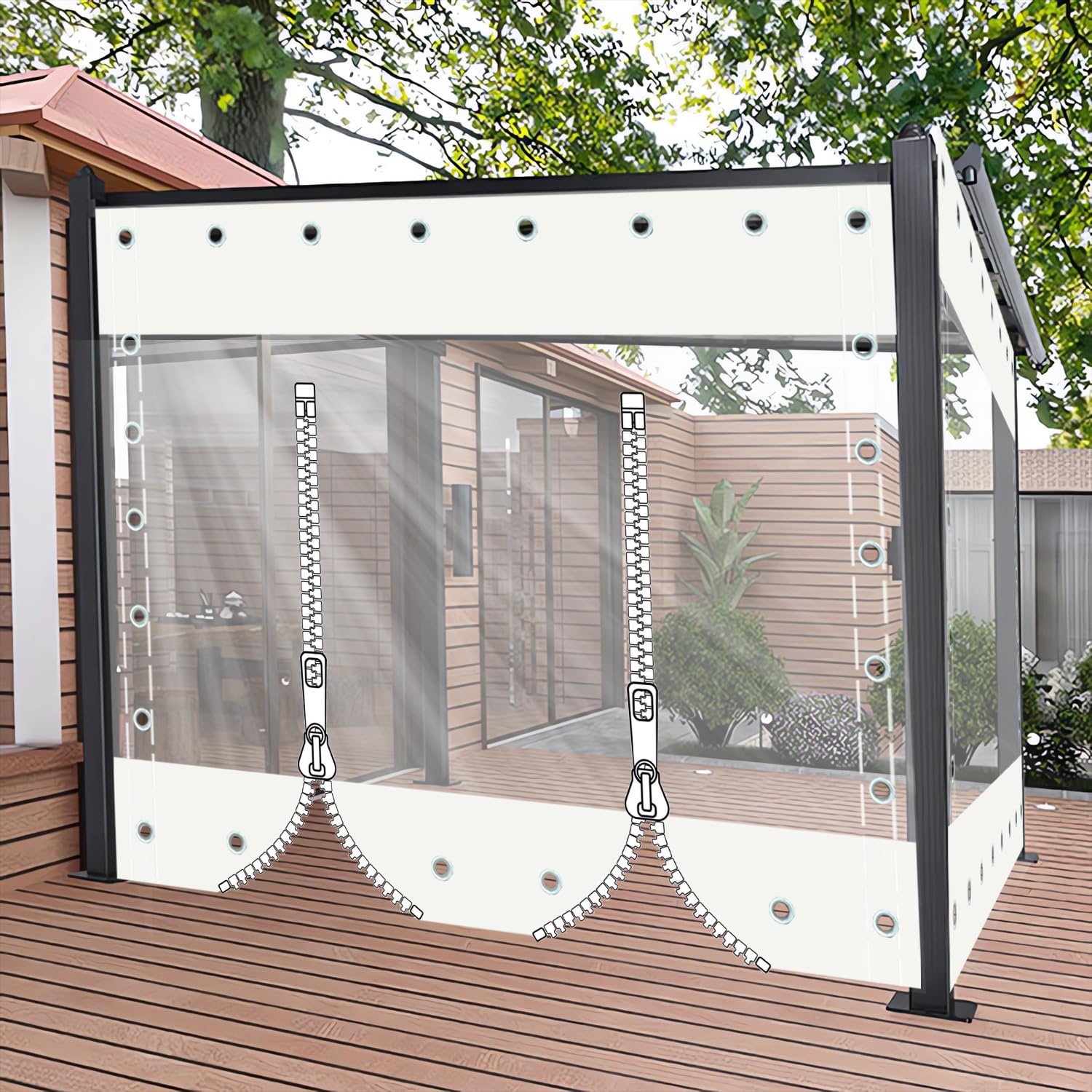Otiga 2Zip-White Clear Waterproof Tarpaulin Curtains With Grommets,Heavy Duty Transparent Tarpaulin With Zipper,Outdoor Side Panels For Pergola/Patio/Porch/Gazebo,（Height X Length）2X2.8m/6.56X9.19ft