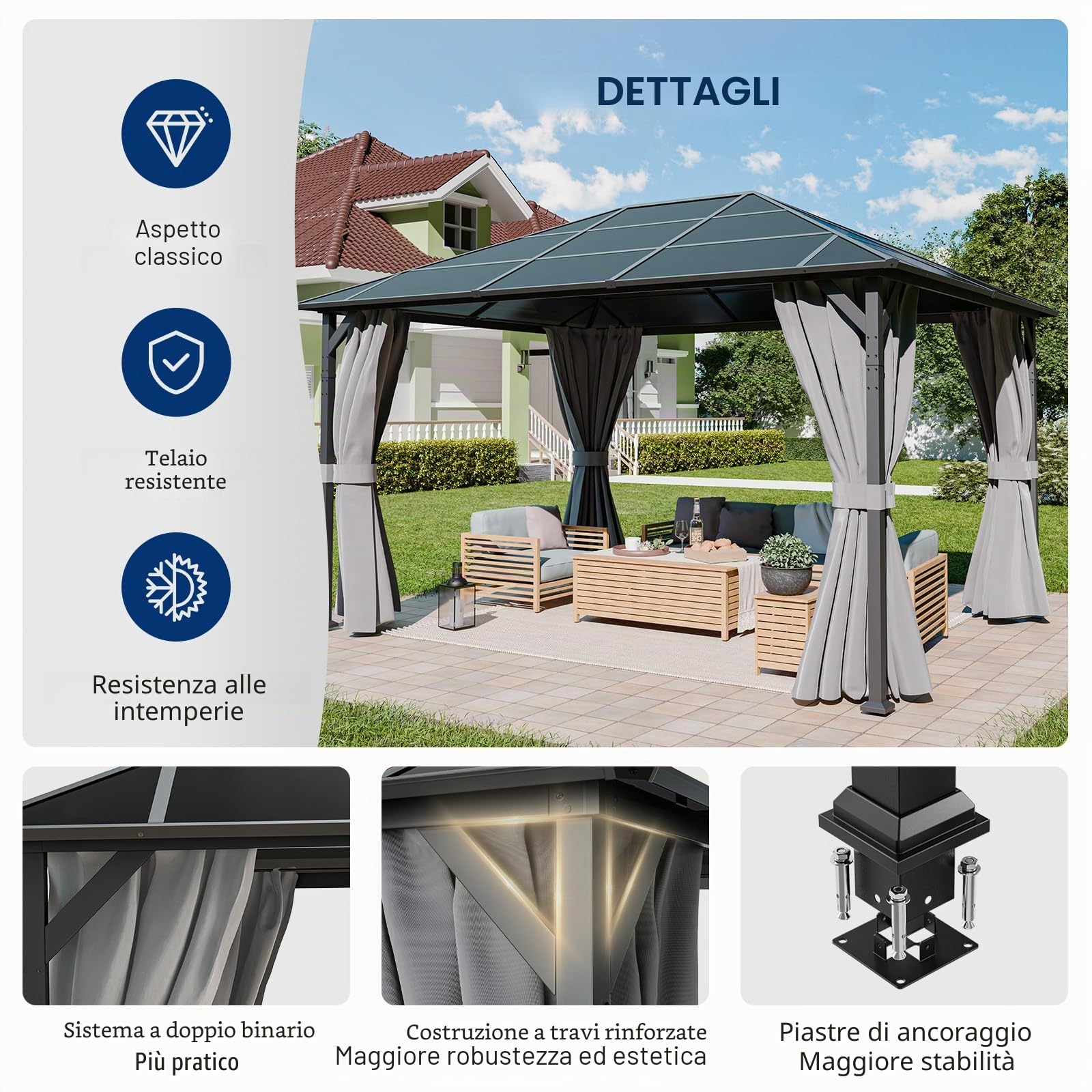 UDPATIO Gazebo da Giardino 3x4 m in Policarbonato, Tetto Singolo con Tende, Gazebo per Esterni Resistente al Vento e UV, Struttura in Alluminio per Giardino, Terrazza, Grigio