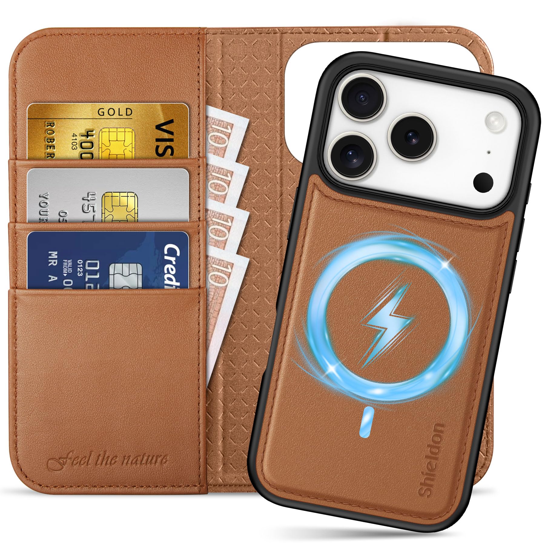 SHIELDON Hoesje voor iPhone 17, [Verwijderbaar] [Draadloos opladen] [ Kaartenvak] [Standfunctie] [RFID-blokker] 2 IN 1 Opvouwhoesje Compatibel met iPhone 17 5G 6,3 2025 - Zwart Gemarmerd