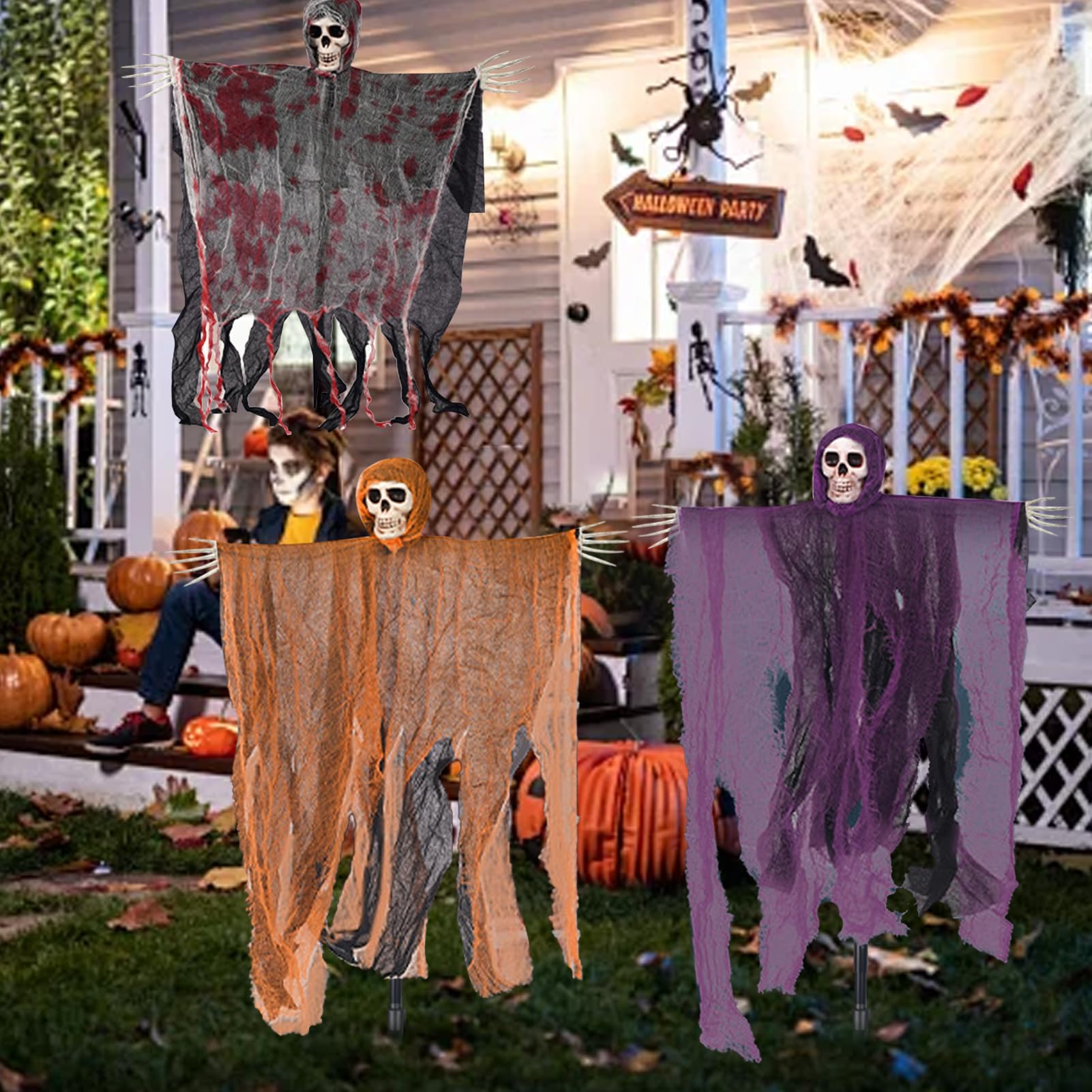 Halloween Geister Dekoration - Gruselige Skelett-Figuren 100x75cm Zum Aufhängen