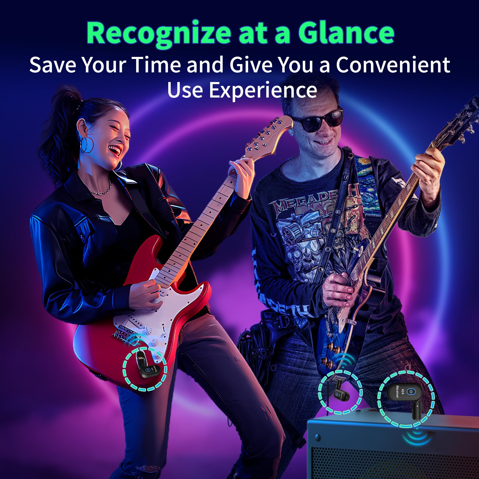 INGPARTNER A14 Wireless Guitar System 2.4GHz 2 Modes, Thumb-Size, 90° Rotatable, Wireless Guitar Transmitter Receiver 100ft Range, Plug & Play for Guitar, Bass, Violin, Keyboard - Black (2TX + 1RX)