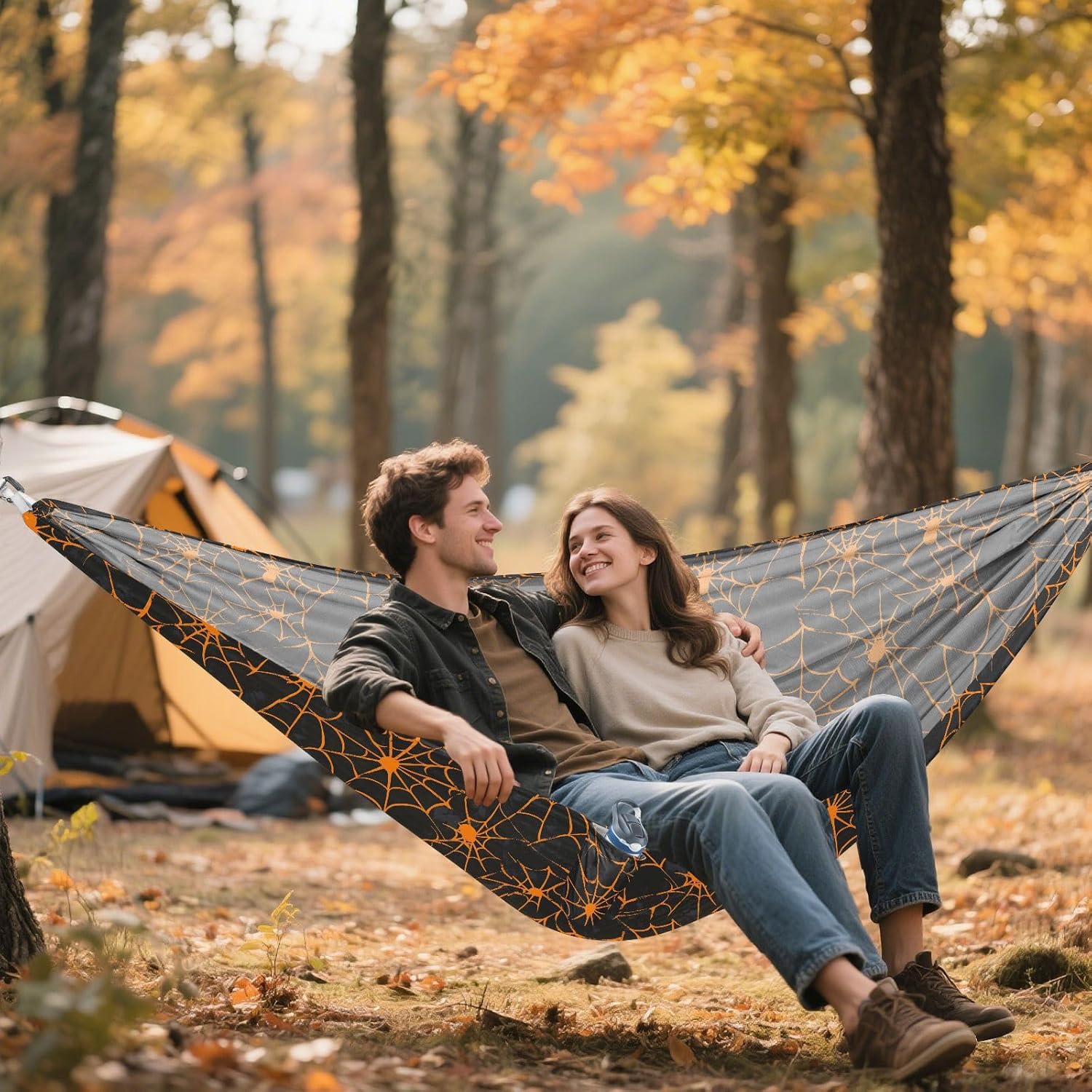 ALAZA Yellow Spider Web Halloween Camping Hammocks Single or 2 Person 500 lbs Portable Parachute Travel Hammock w/Tree Straps for Hiking Backpacking Indoor Outdoor