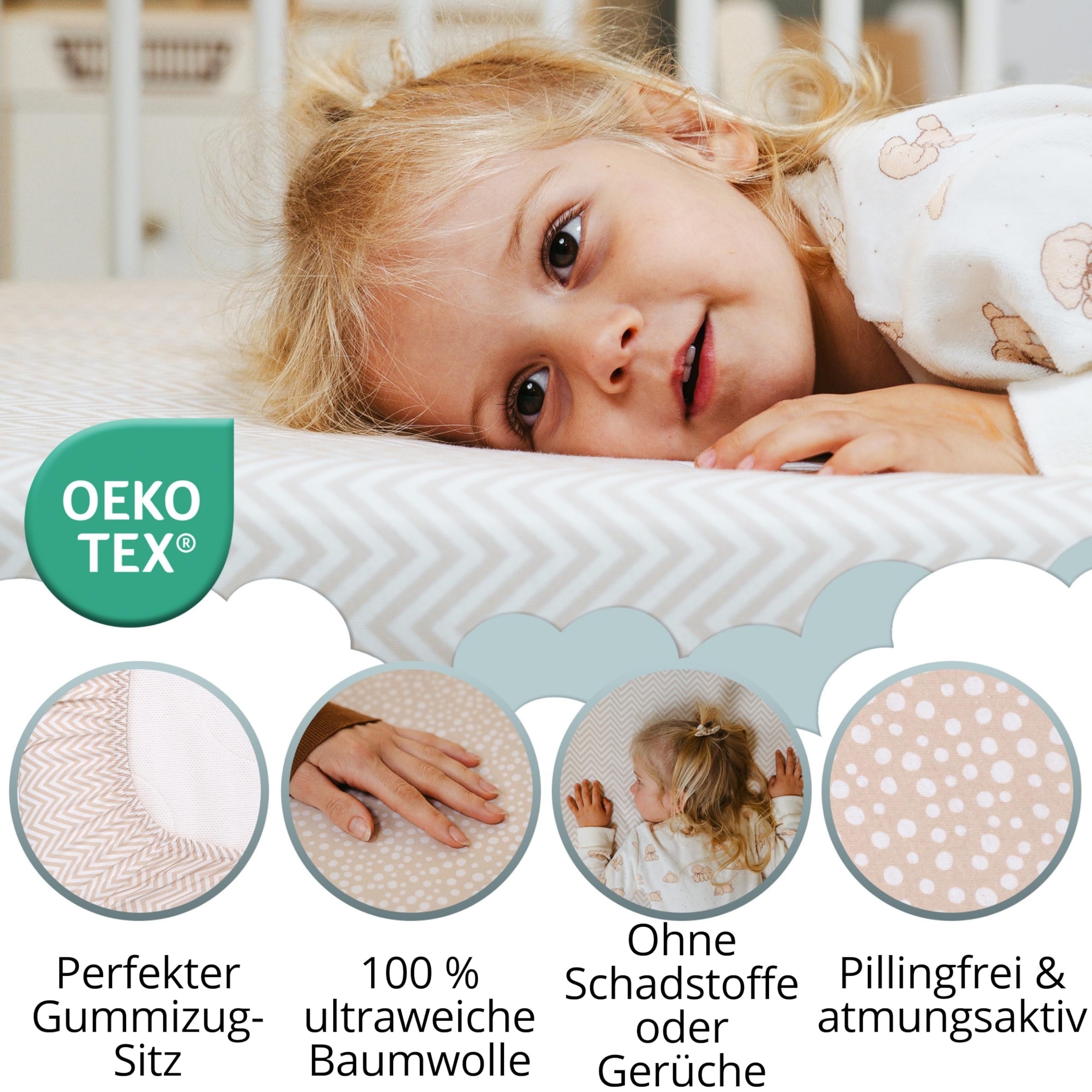 Spannbettlaken 70x160 Set für Kinderbett. 2 Spannbettlaken aus Baumwoll-Jersey + 1 Matratzenschoner Wasserdicht für Kinderbett. OekoTex Zertifikat. Beige-Muster 160x70