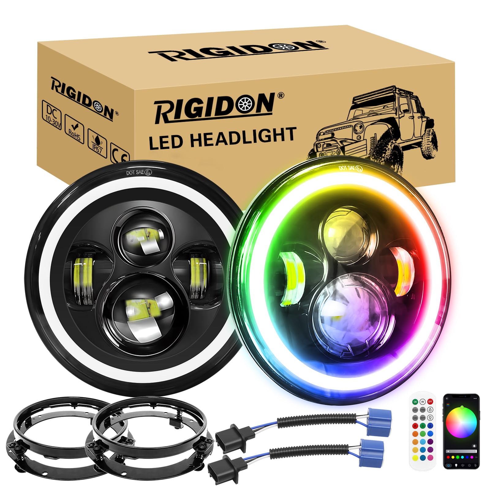 RIGIDON 2x 7 50W Faro LED Moto Con Anillo de Soporte de Montaje, Hi/Lo Luz de Trabajo LED, Redondo Halo DRL Blanco RGB Iluminación Faro Compatible con Harley Wrangler JK TJ LJ CJ JP Humm-er
