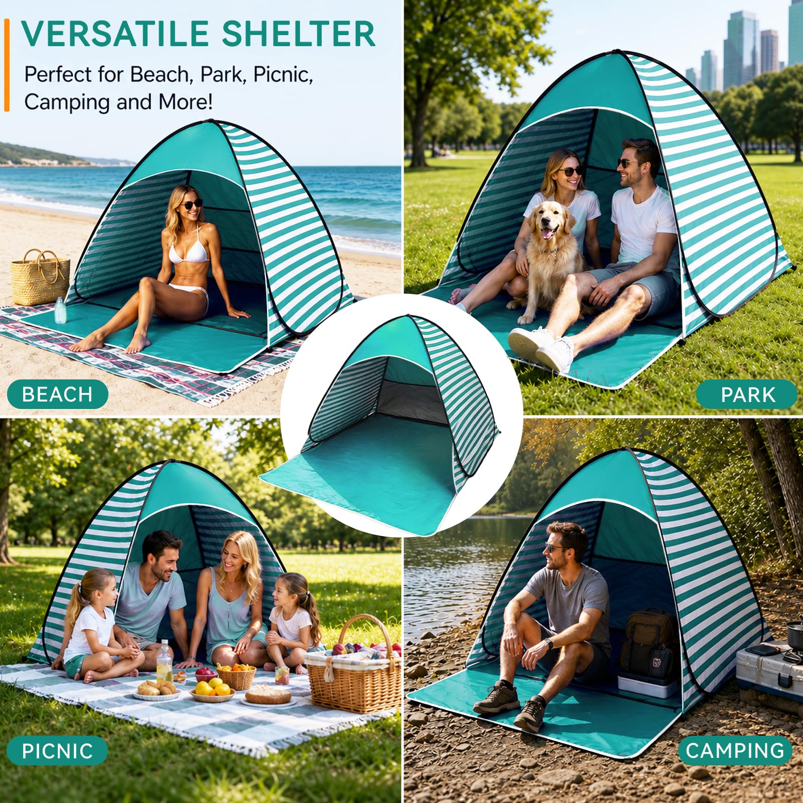 Tenda da Campeggio e Spiaggia Pop-up, Tenda da Spiaggia Portatile, Protezione UV 50+, per 2-3 Persone, con Picchetti, Ideale per Campeggio in Famiglia, Picnic e Spiaggia