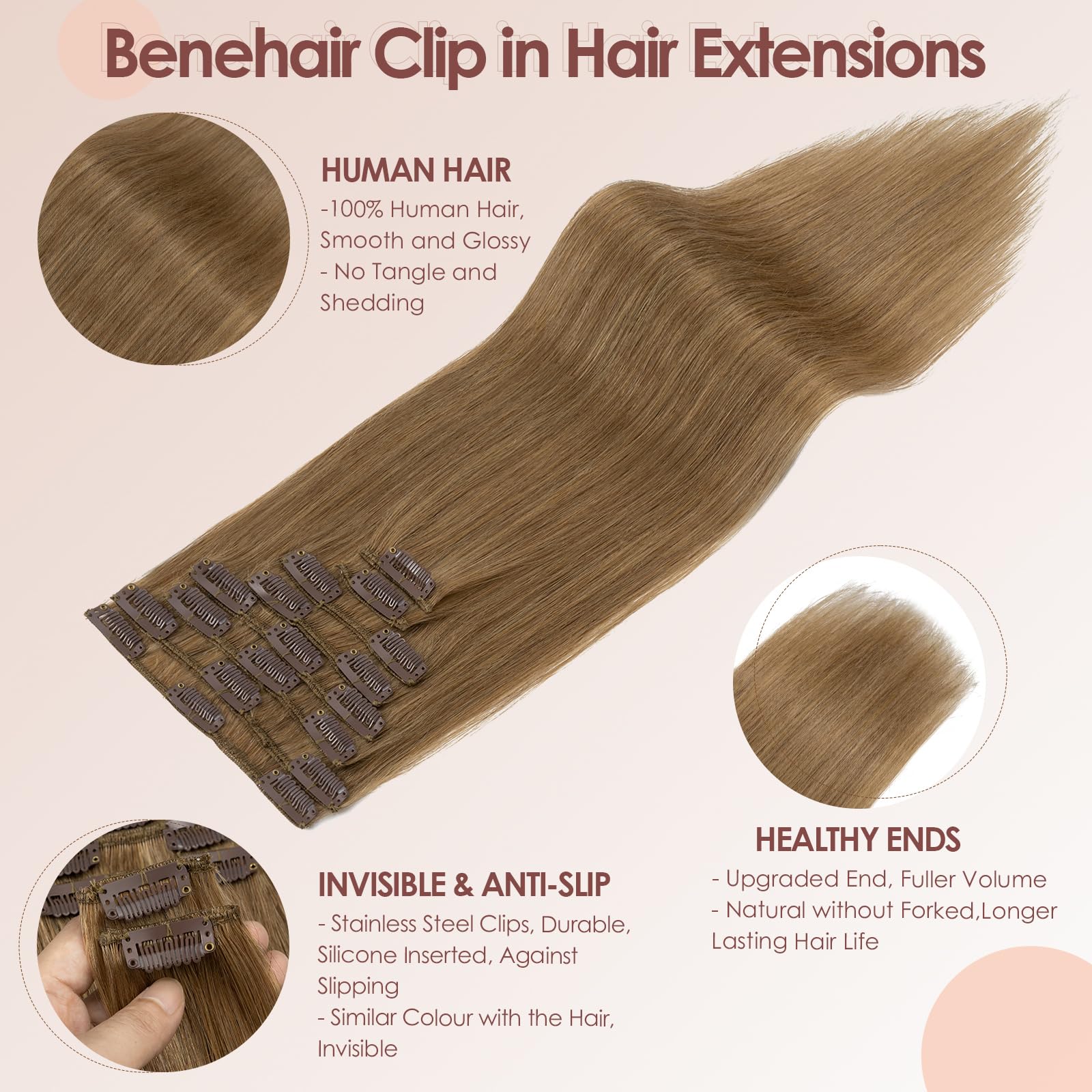 Benehair Real Hair Extensions Clip in Remy Straight #6 Light Brown Human Hair Clip in Extensions 8 Pcs Set including 18 Clips Silky Natural for Women Girls Daily Wear 8 Inch (45 g) - Image 4