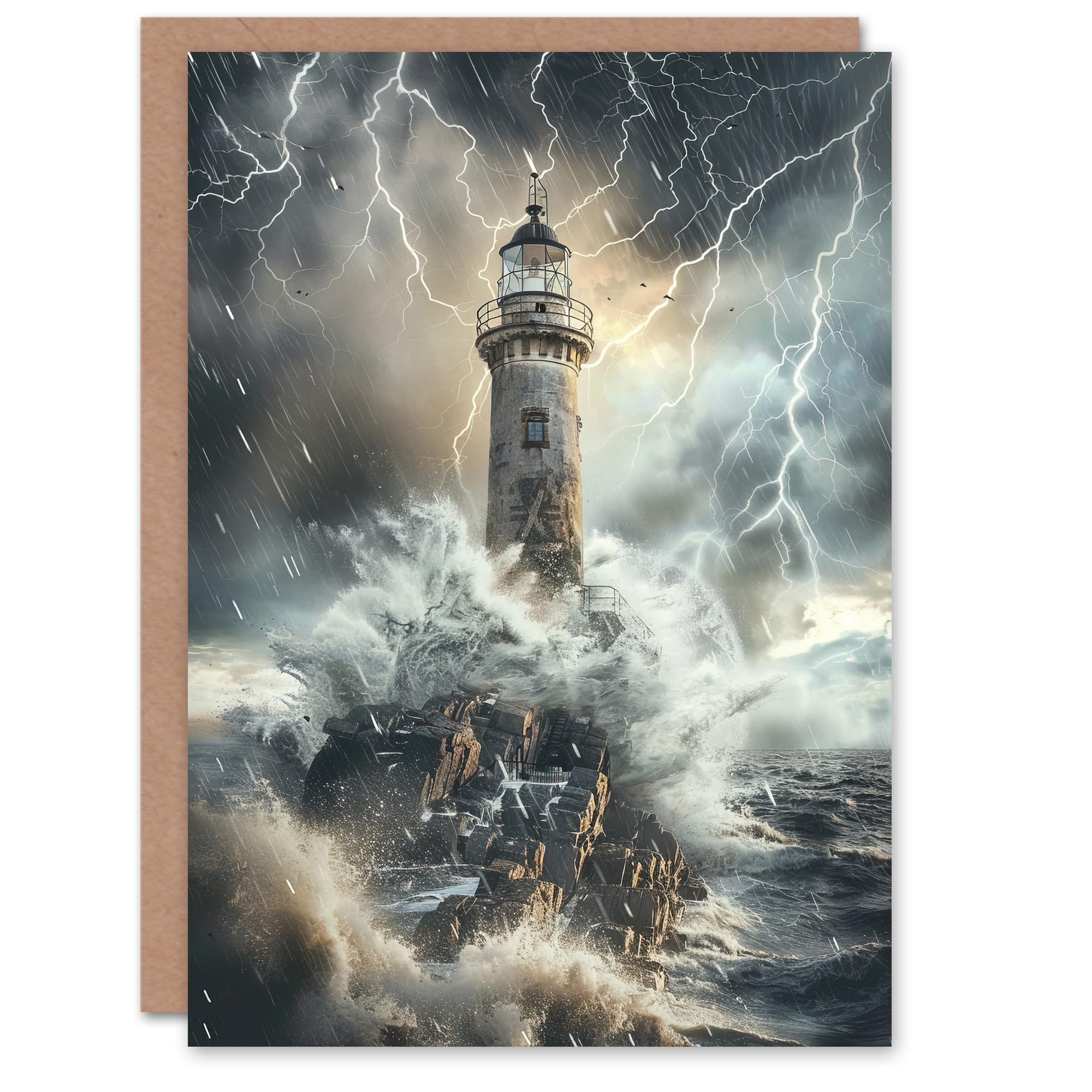 Artery8 Lighthouse Thunderstorm Sea Crushing Waves Greeting Birthday Card Him Her All Blank
