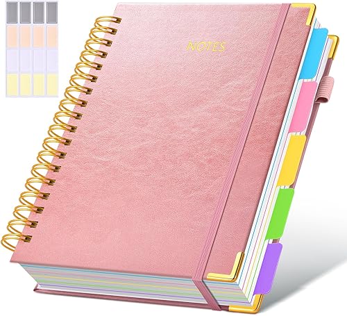 Miniatura 56 de Cuaderno universitario de espiral con tapa dura de cuero de 8 x 10 pulgadas, con pestañas separadoras extraíbles, para 5 materias, a rayas; diario