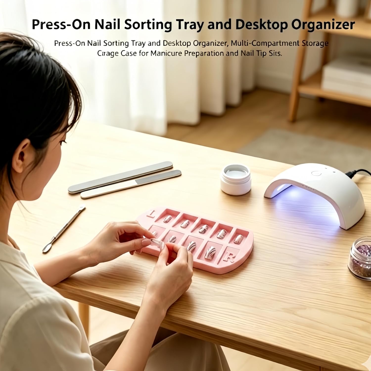 Press-On Nail Sorting Tray and Desktop Organizer, Multi-Compartment Storage Case for Manicure Preparation and Nail Tip Sizing Workstation