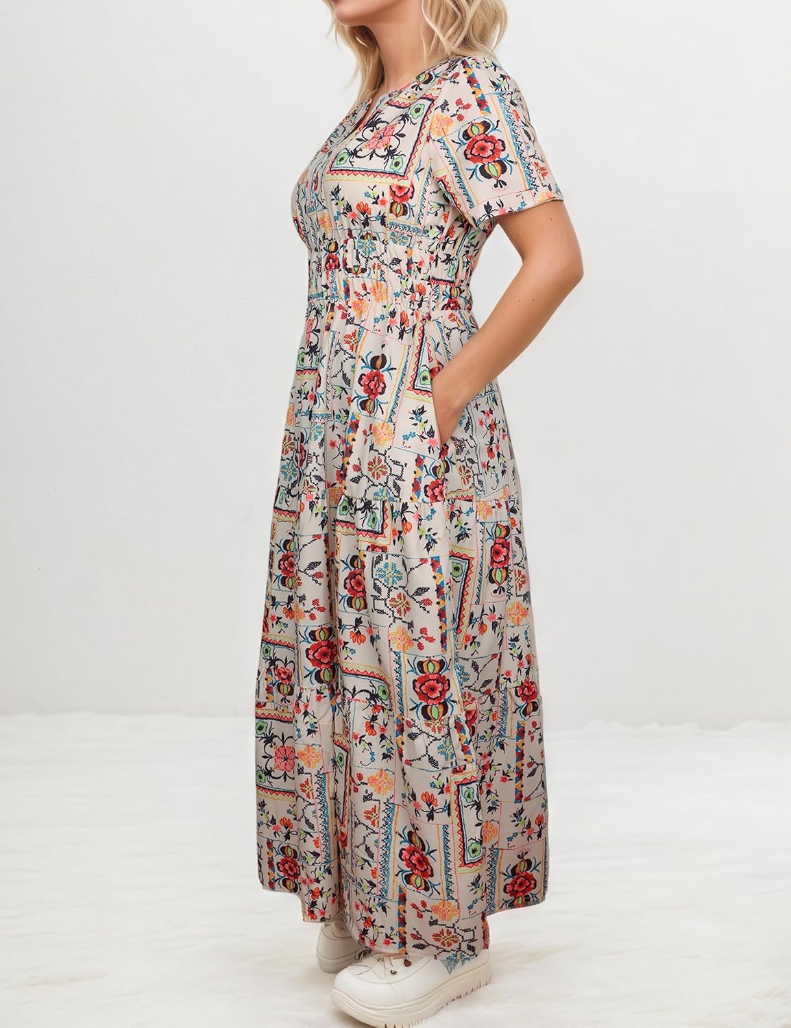 Women's Summer Boho Maxi Dresses Floral V Neck Tiered Short Sleeve Long Dress Flowy Beach Vacation Dress with Pockets - Image 3