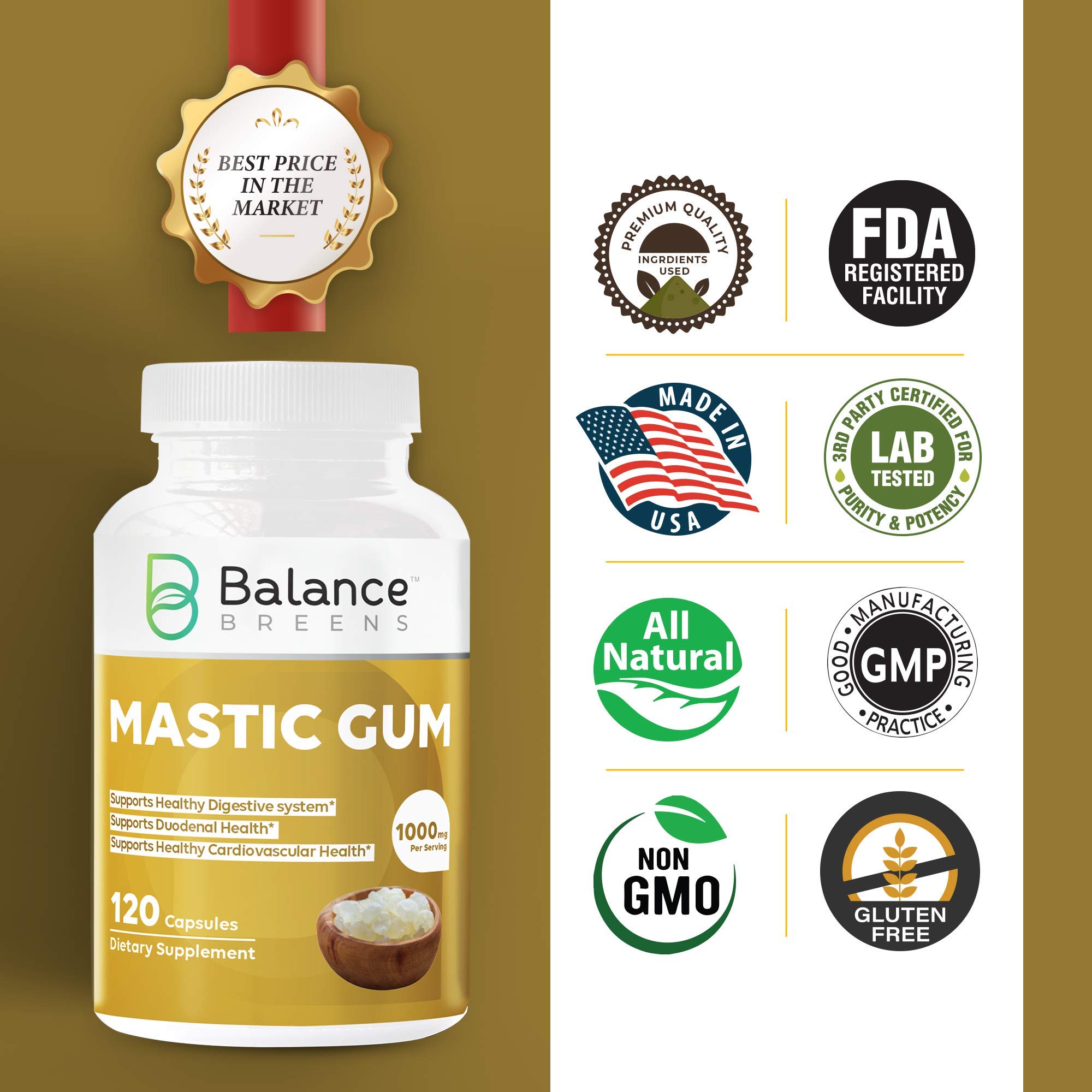 Mastic Gum 1000 mg Supplement 120 NonGMO Capsules Digestive