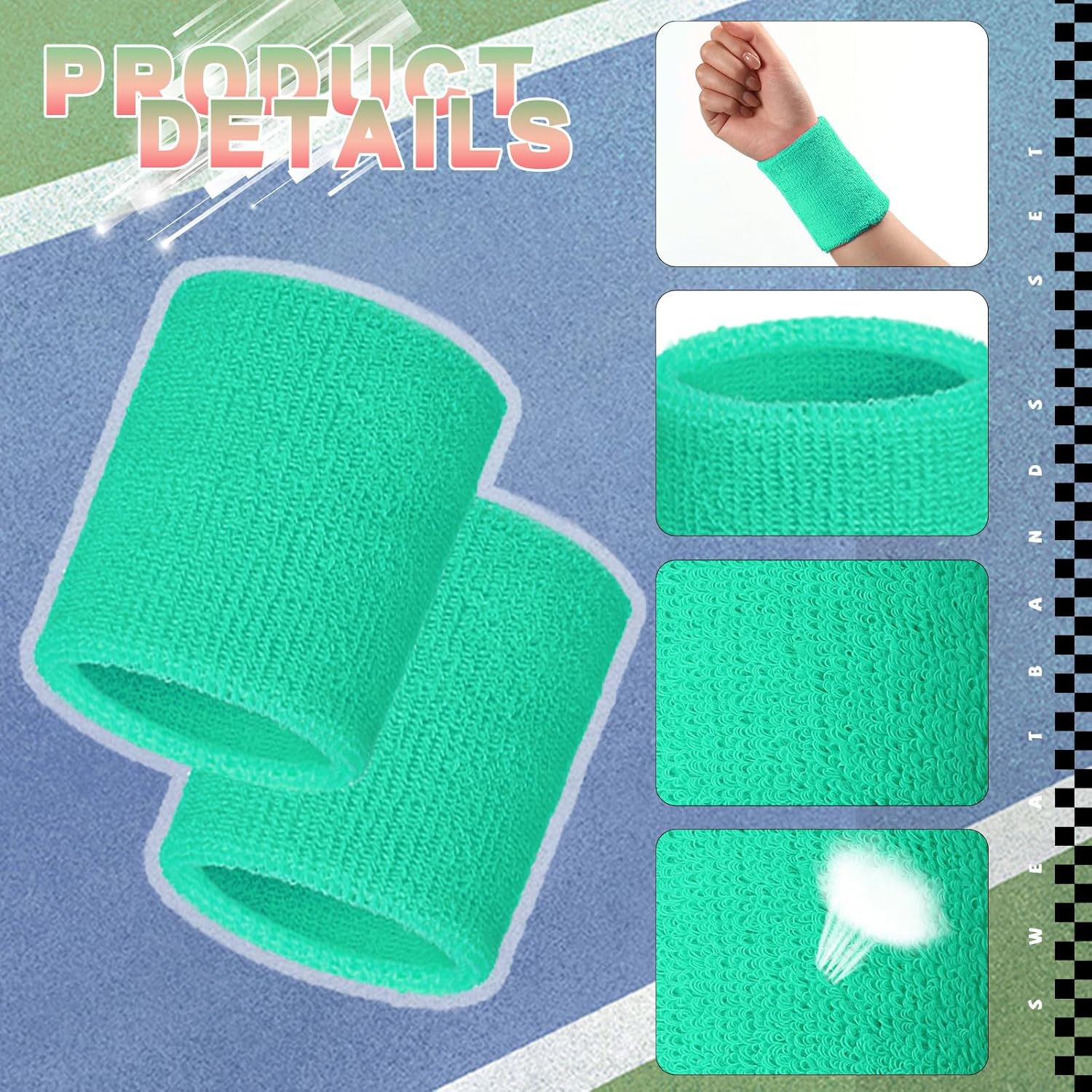 WILLBOND 8 Pack Wrist Sweatbands Sports Wristbands Tennis Sweatbands Neon 80s Thick Cotton Gymnastics Sweat Band International Sports Athletic Wristband for Men Women Party Supplies - Image 2