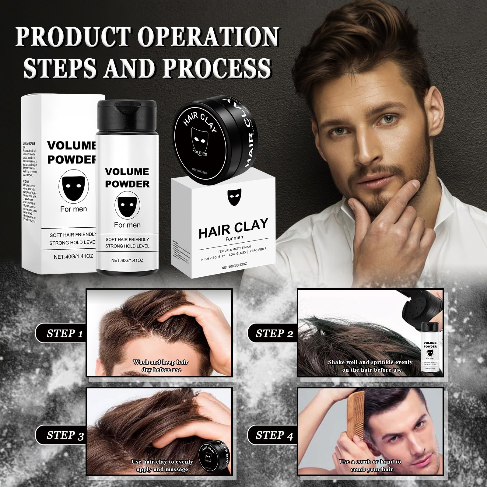 Poudre Volume Cheveux 40g + 100g Argile Coiffante, Sea Salt Spray | Poudre Texture Cheveux Homme, Cire Mat Cheveux Homme, Texture Naturellement Moelleuse – Tenue Longue Durée – Formule Douce
