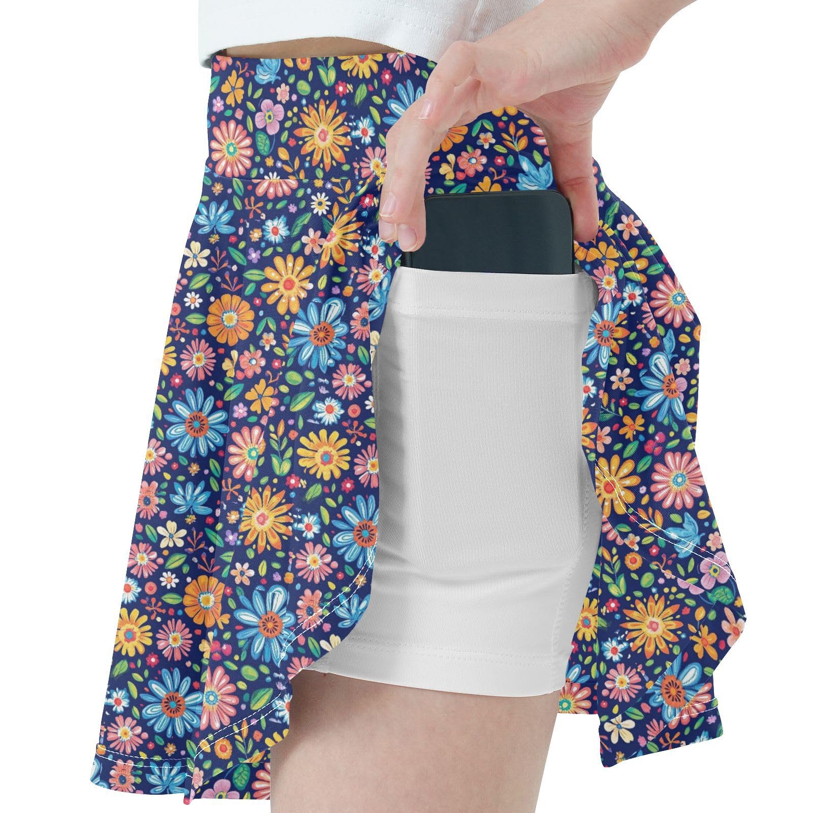 Navy Blue Flowers Girls Athletic Skirts with Built in Shorts Cheerleading Skirts with Pockets Flowy Skorts for Little Girl