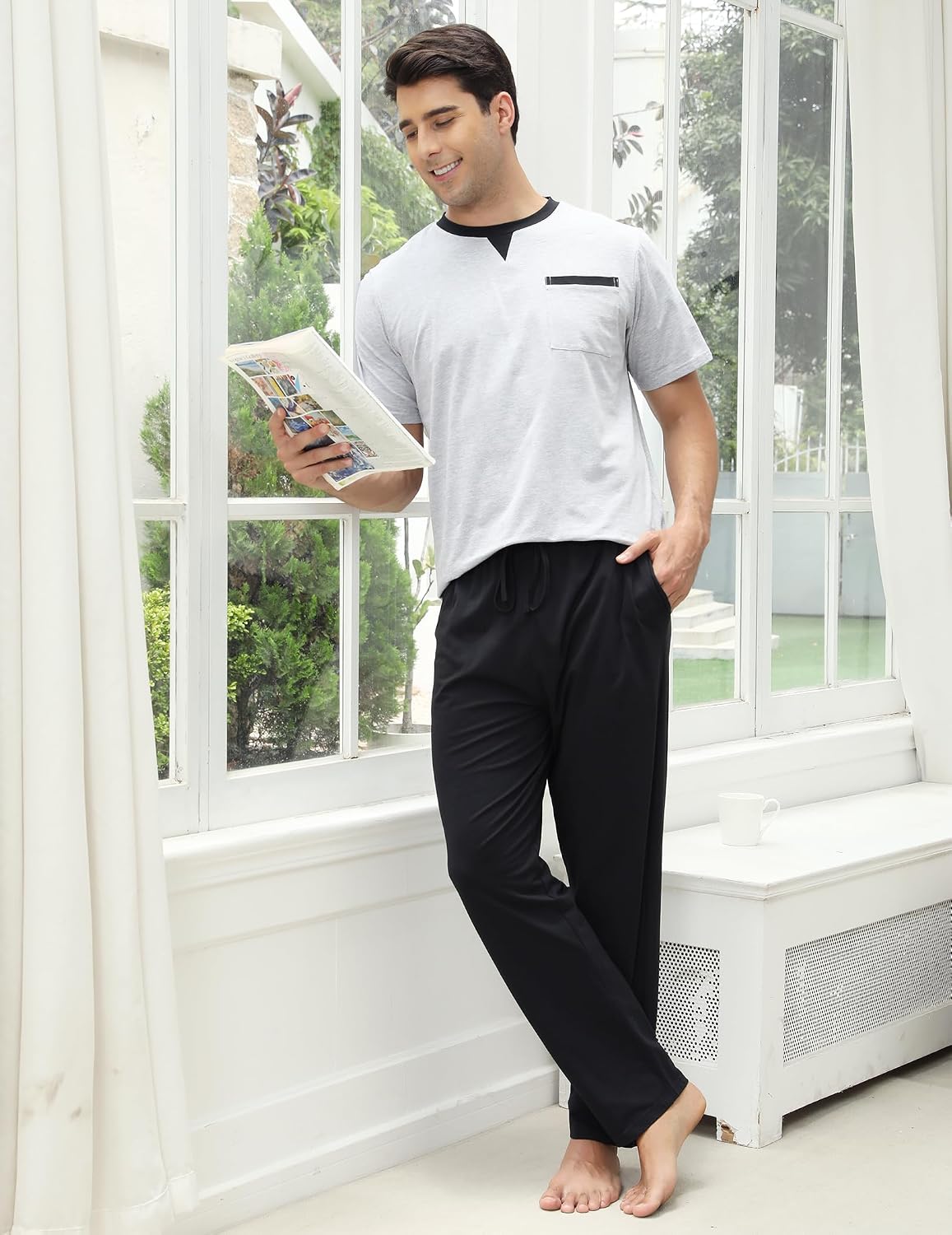 Mens Pajamas Set Cotton Short Sleeve and Pants Men's Sleepwear Mens Pjs Sets Soft Casual Loungewear Set with Pockets