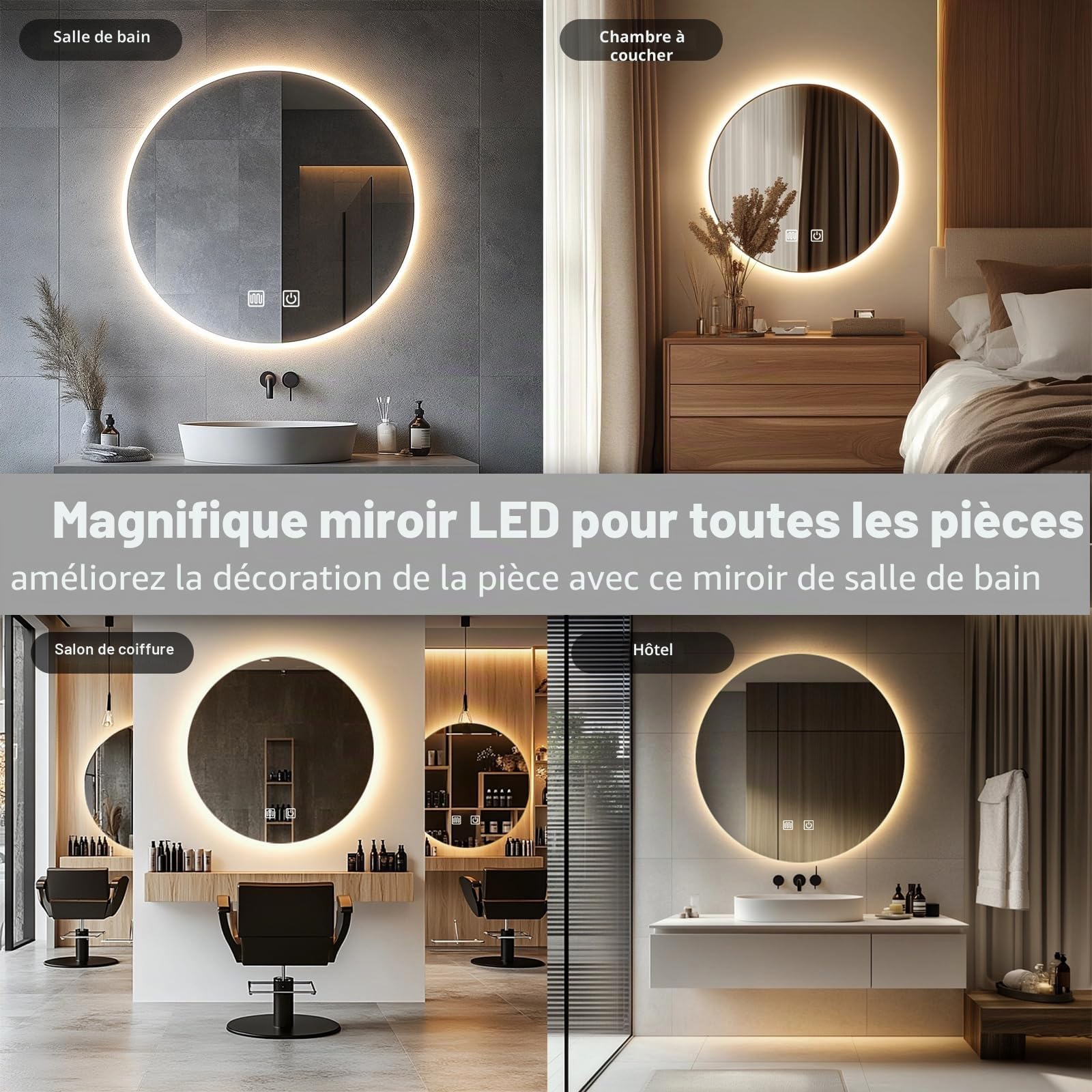 Miroir LED lavabo 80 cm rond Lumière rétroéclairée rasage douche Fixation murale sans buée Intensité variable 3 couleurs IP54