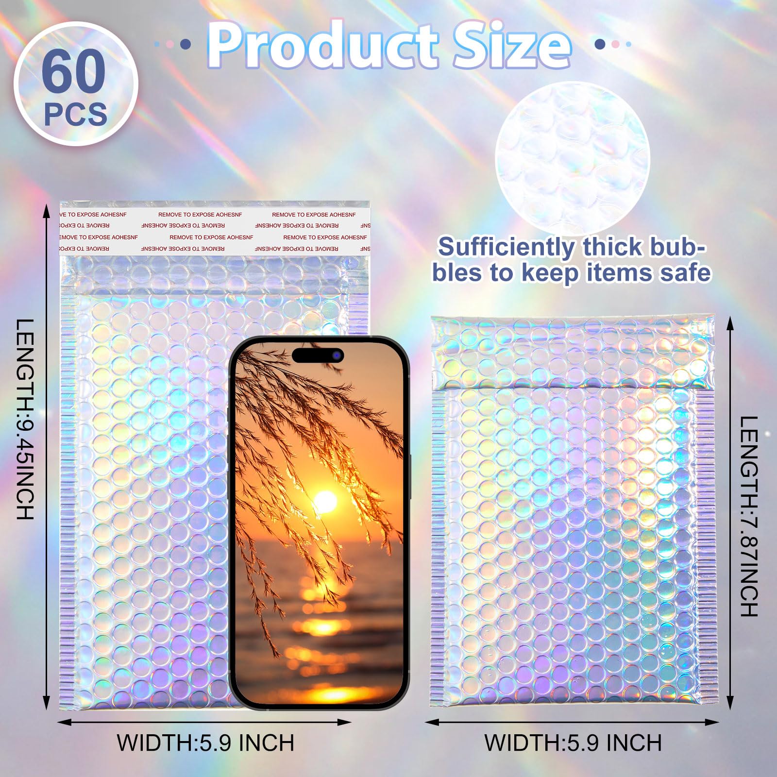 Henoyso 60 sobres holográficos de burbujas de 6 x 9.5 pulgadas, sobres acolchados metálicos, autoadhesivos, impermeables, bolsas de envío gruesas para libros, ropa, maquillaje, joyas, color arcoíris
