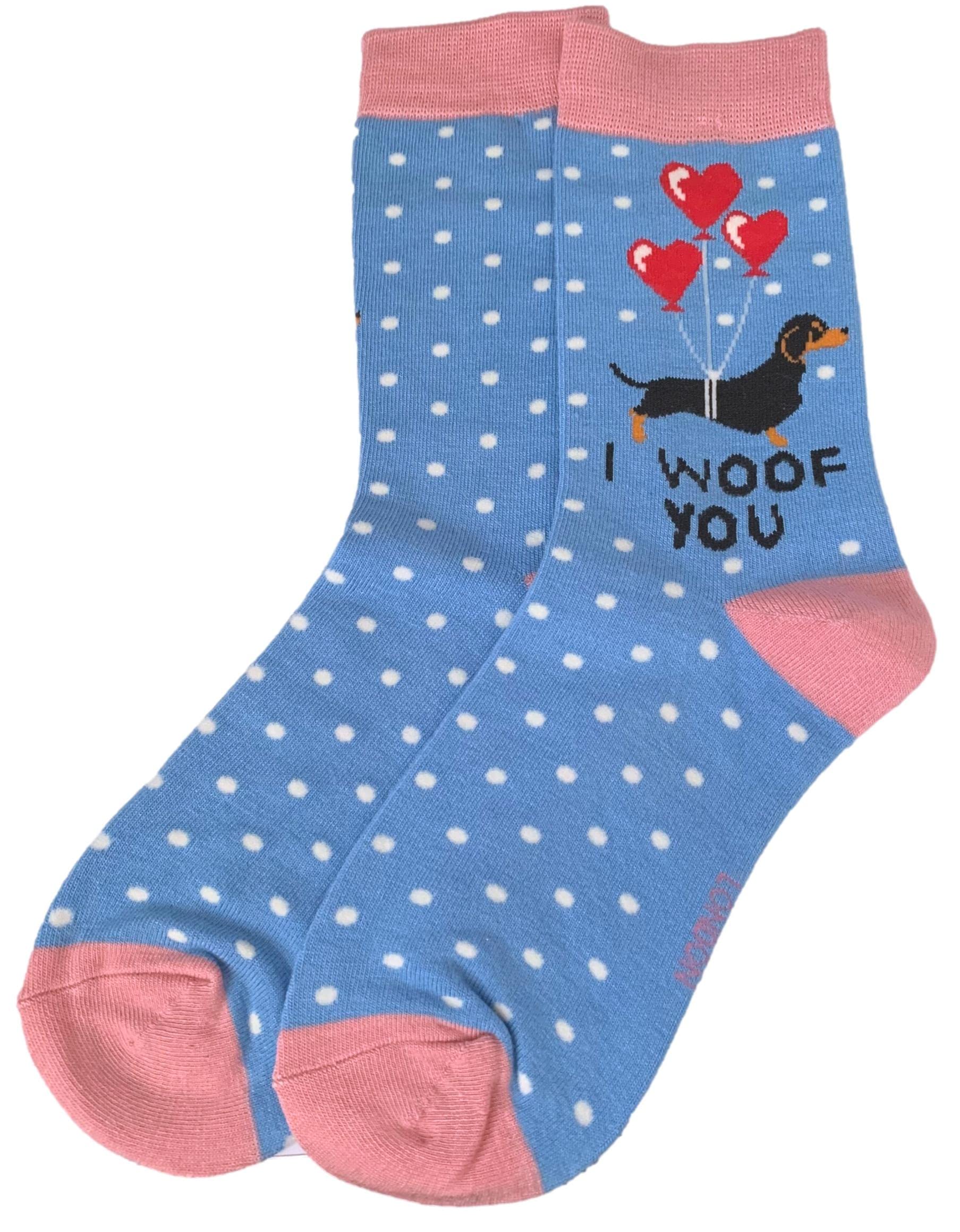 Purple Possum® Sausage Dogs Socks Ladies Dachshund Dog Bamboo Cotton Blend Dachshunds Socks (Blue) Size 4-7