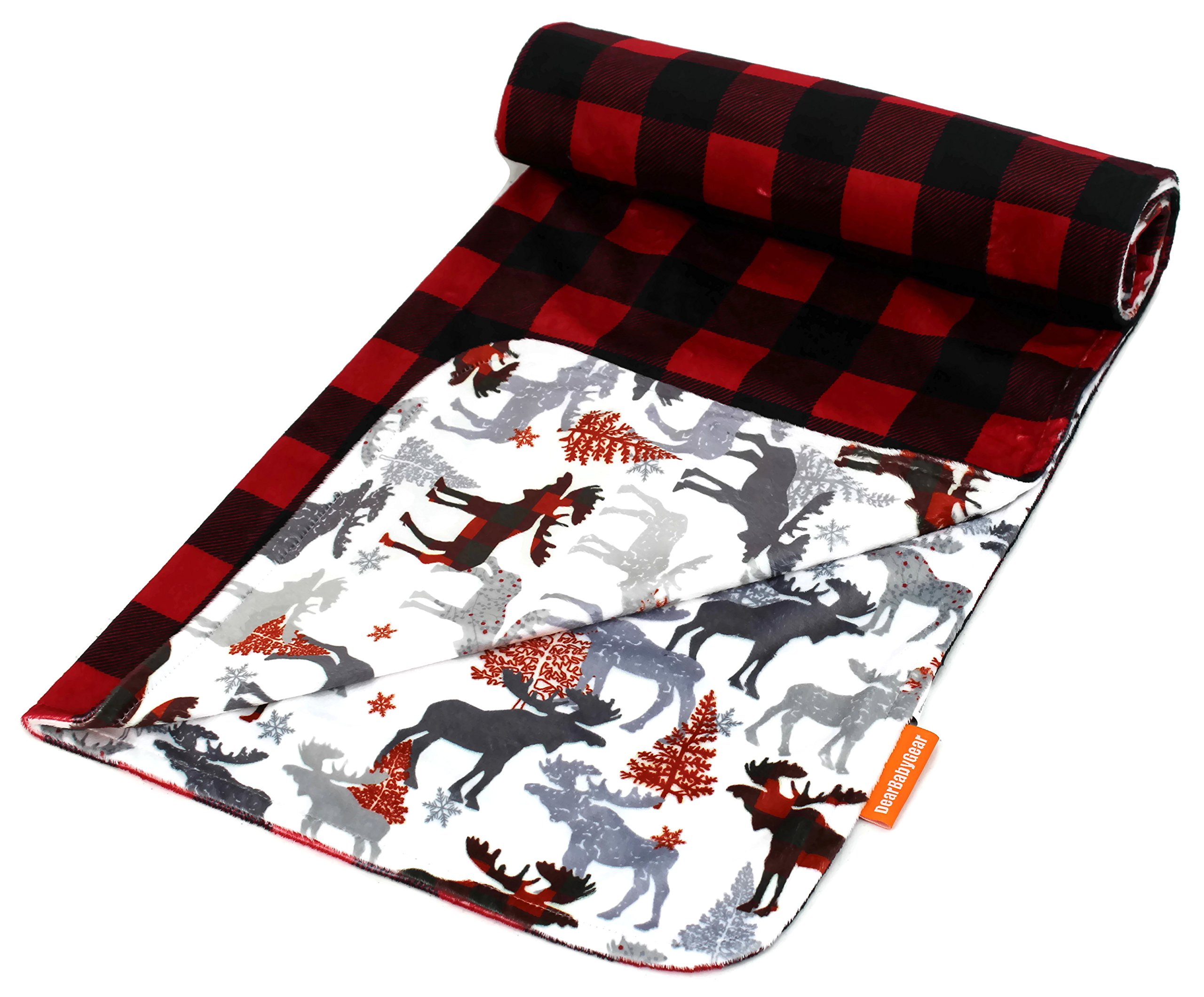 Dear Baby Gear Luksusowe koce dziecięce, niestandardowy nadruk Minky odwracalny łoś i czerwony czarny krata, 90 cm na 69 cm