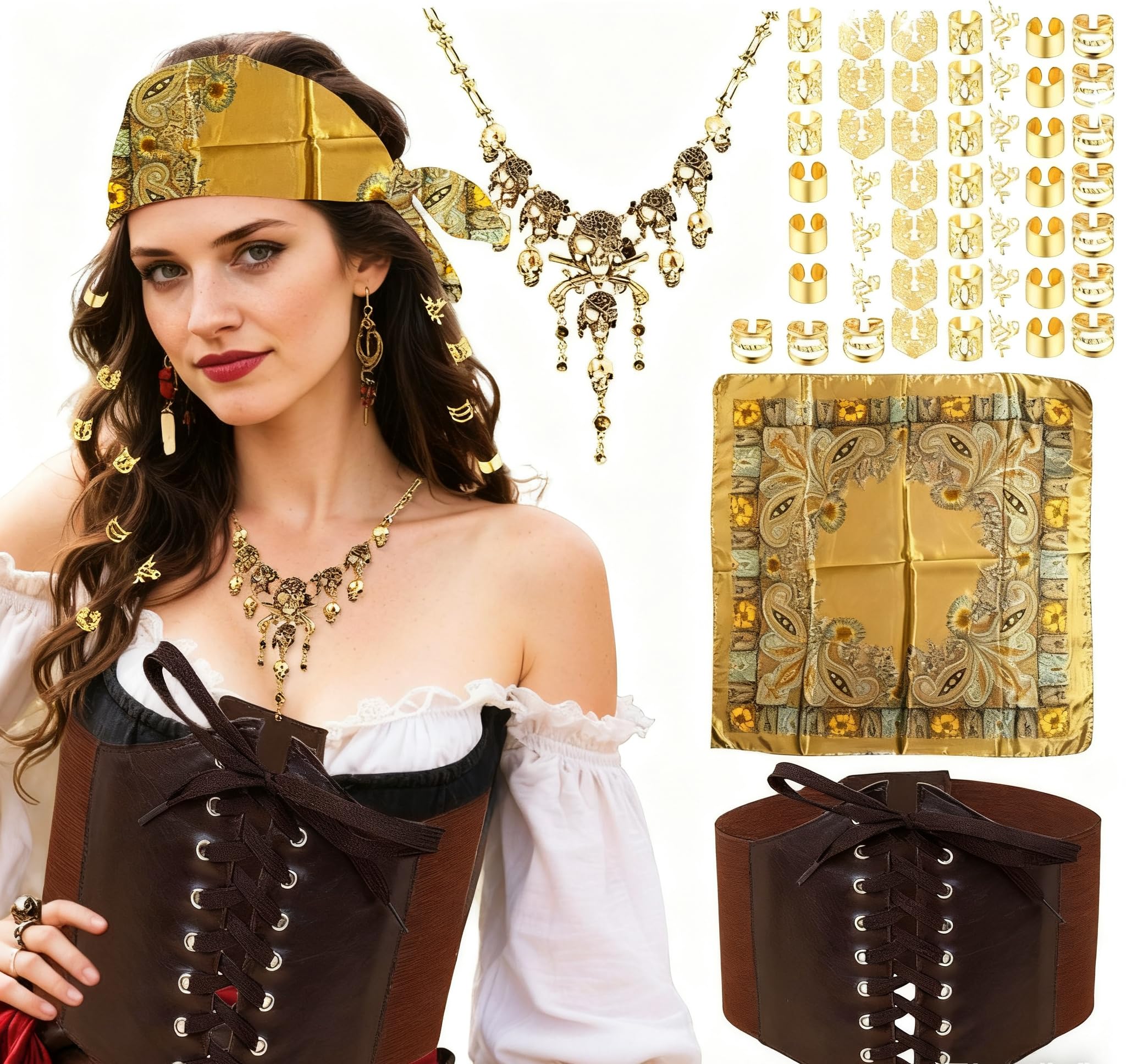 JeVenis Pirate Costume Accessories Set Pirate Headband Wrap Skull Necklace Waist Belt Halloween Captain Costume Carnival Music Festival Outfit — image 1