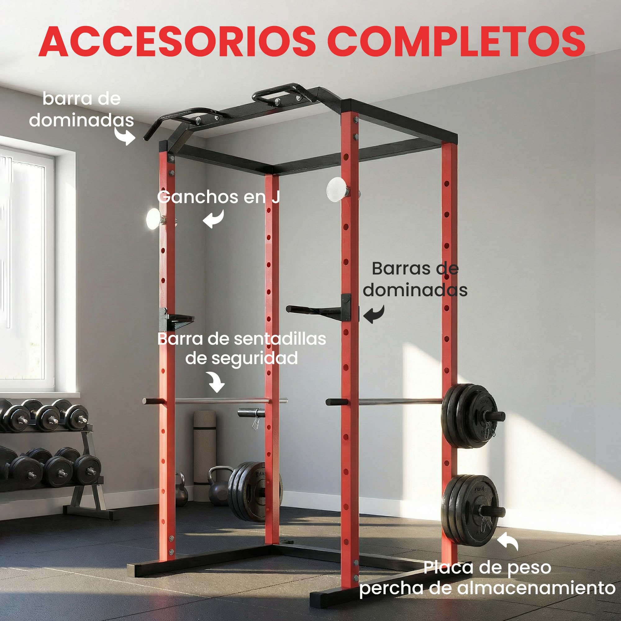 SPORTNOW Jaula de Potencia Musculación, Rack para Sentadillas con Barra de Dominadas, Estación de Fondos Ajustable en Altura, Soporte de Barra Regulable, para Casa Gimnasio, Carga 460 kg