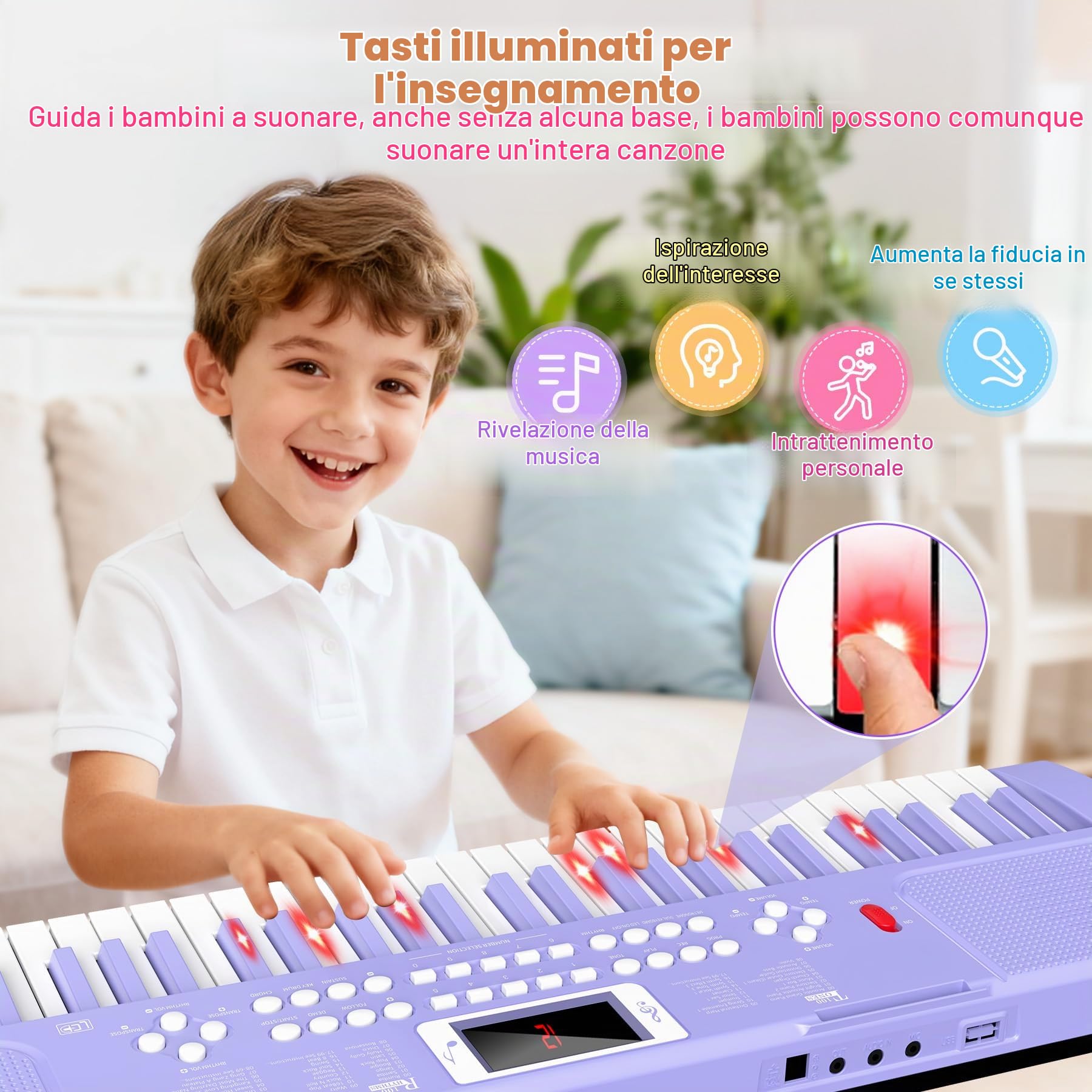 Pianola Tastiera Bambini, Elettronica Portatile 61 Tasti con Tasti Luminosi | Giocattolo Musicale Educativo per l’Apprendimento Precoce con Leggio e Microfono, per Principianti 3 4 5 6 7 8 Anni, Viola