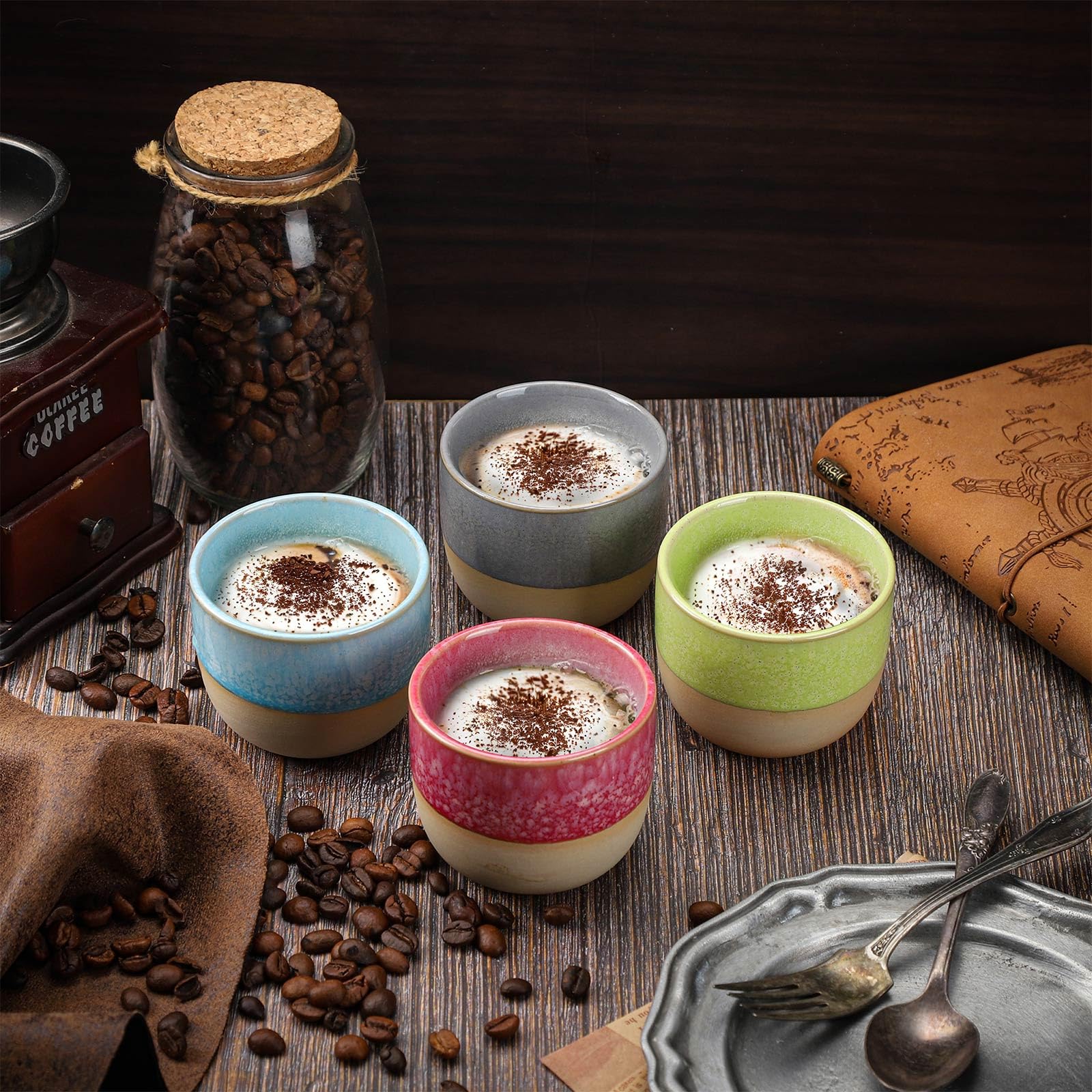 Juego de 4 tazas de café apilables, coloridas y únicas de cerámica esmaltada, Demitasse Espresso, 4 colores, tazas de café expreso de 5 onzas para té y café