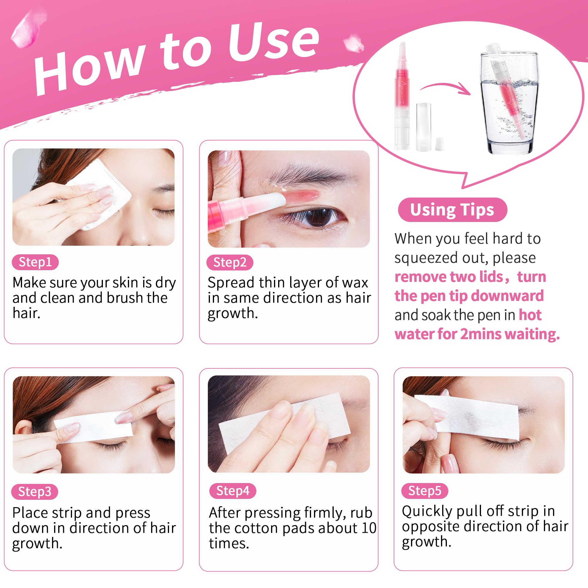 Beauty7 Stylo à Cire Précision Wand Formule Naturelle Végétalienne Epilateur pour Visage 5g Crayon à Cire 20 Bandes de Coton Réutilisables 15pcs Lingettes Après Epilation