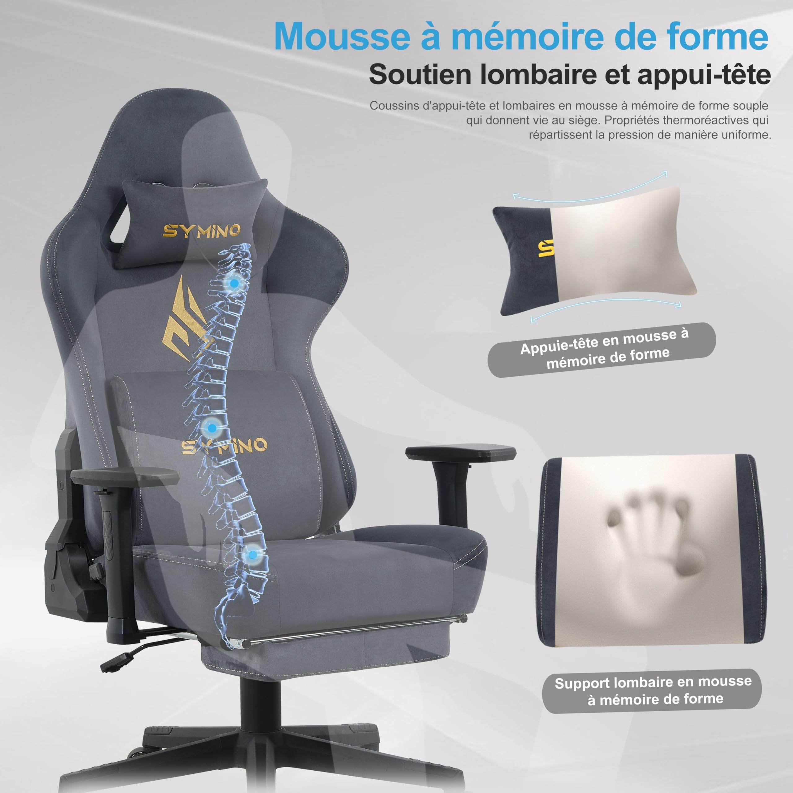 Symino Chaise Gamer XL, Siège Large Mousse+Latex, Support Lombaire & Tête, Inclinaison 175°, 300kg, Roues Silencieuses Incluses (Faux Daim, Gris)
