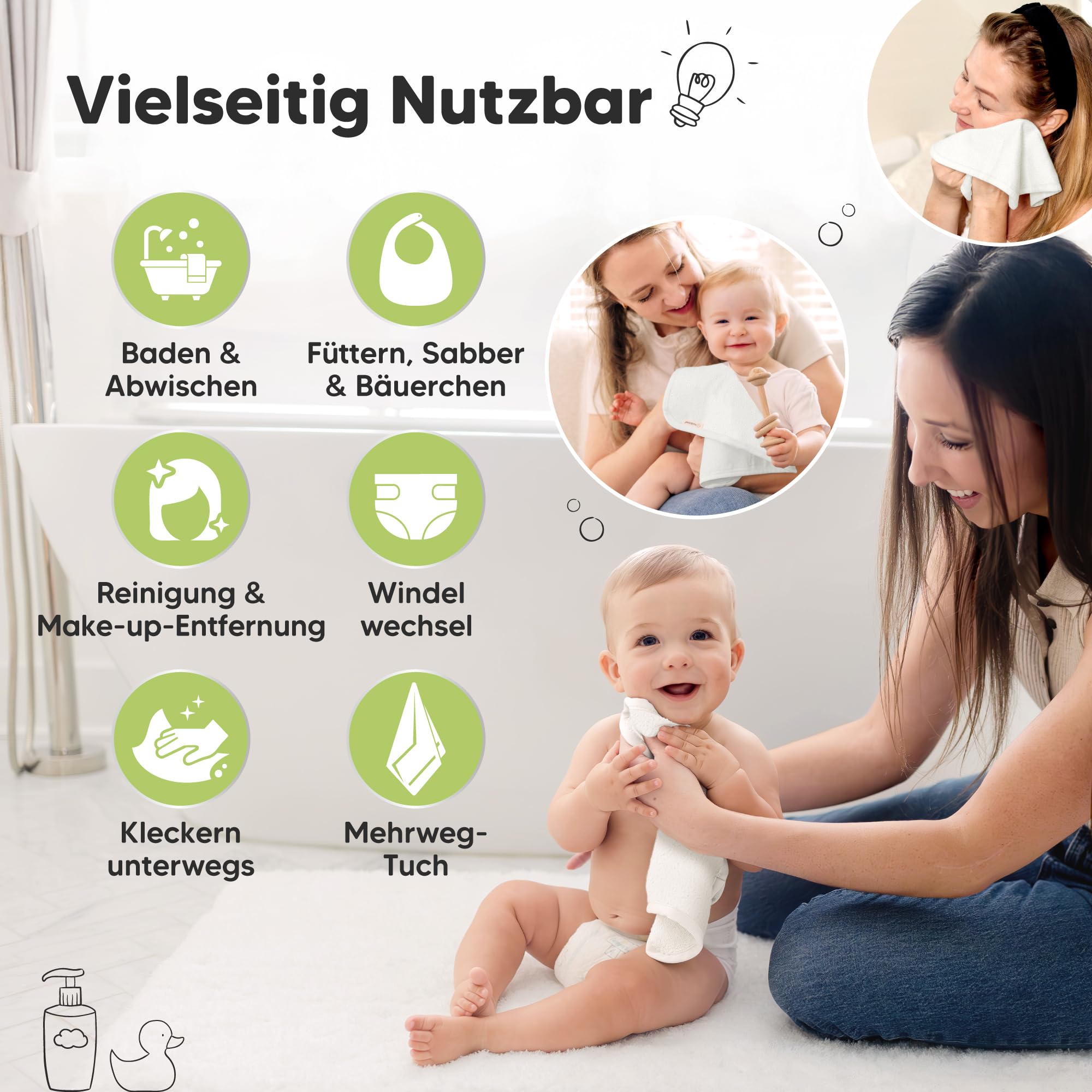 KeaBabies 6-Pack Babywaschlappen - Weiche Bambus-Waschlappen für Babys, Kinder, Ultra Absorbierende Neugeborenen-Badehandtücher, 25 x 25cm, Sanft für empfindliche Haut (White)