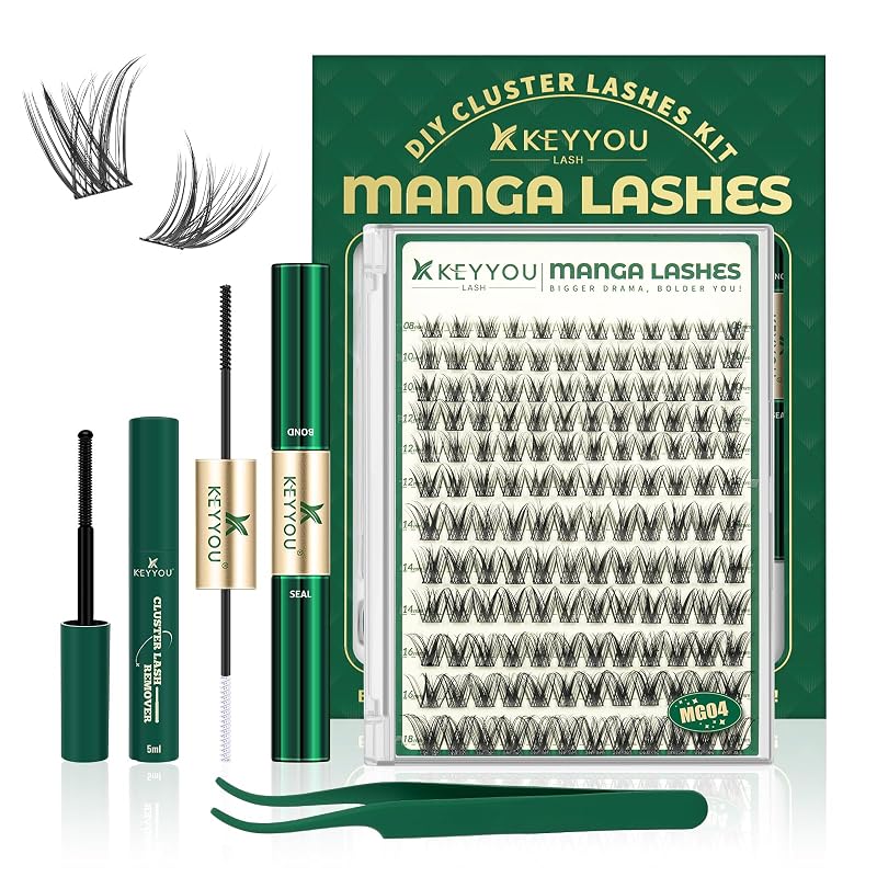 Kit KEYYOU de cílios postiços em tufos estilo Manga, 8–18 mm, com cola, selante, removedor e aplicador (MG04)