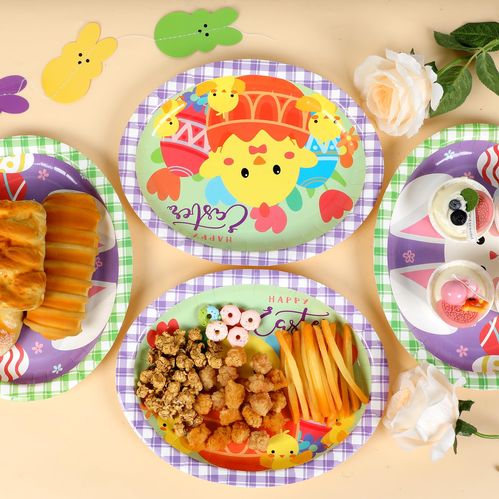 Qyeahkj Ovale Pappteller "Happy Easter", groß, 27,9 cm, Einweg-Hasen-Party-Dekorationen, bunte Ostereier, Gastgeschenk für Oster-Party, Geschirr-Set, 50 Stück