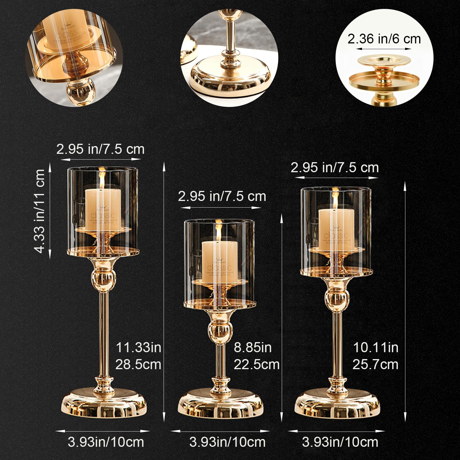Goldener Kerzenhalter für Tischdekoration, Set mit 3 dekorativen Kerzenhaltern für Stumpenkerzen, hoher Kerzenhalter mit Glasabdeckung für drinnen und draußen, Heimdekoration (L+M+S)