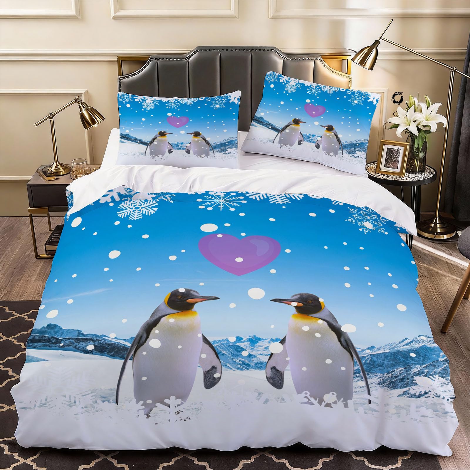 3D Cute Penguin Duvet Cover Snowflake Bedding Single Bed Set, Soft Microfiber Comforter Cover Printed with Zipper Closure Quilt Coverr 135x200 cm and 2 Pillowcases