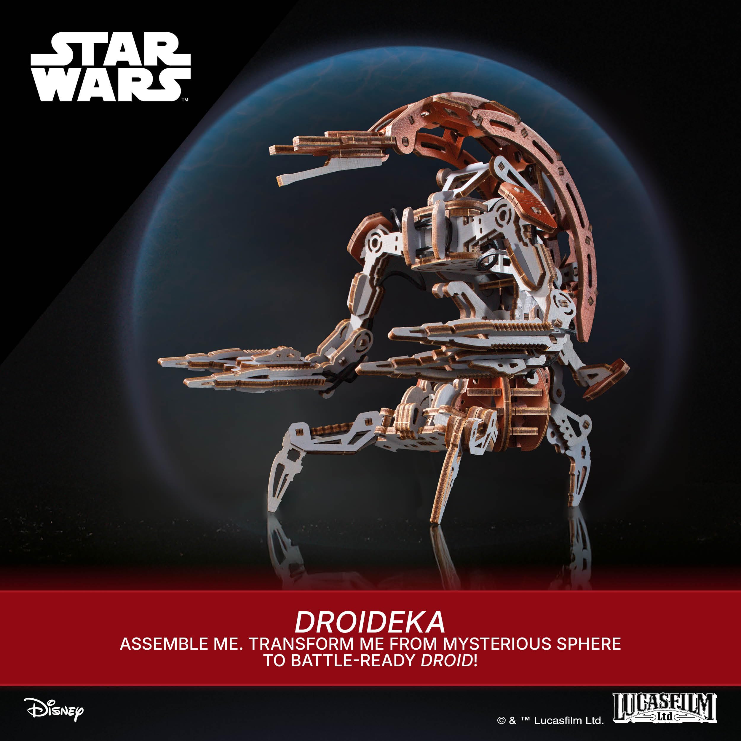 UGEARS Star Wars Droideka Drewniane Puzzle 3D – Mechaniczny drewniany model do złożenia, zestaw DIY do budowy, kolekcjonerskie puzzle z drewna, szczegółowy projekt konstrukcyjny i pomysł na prezent dl