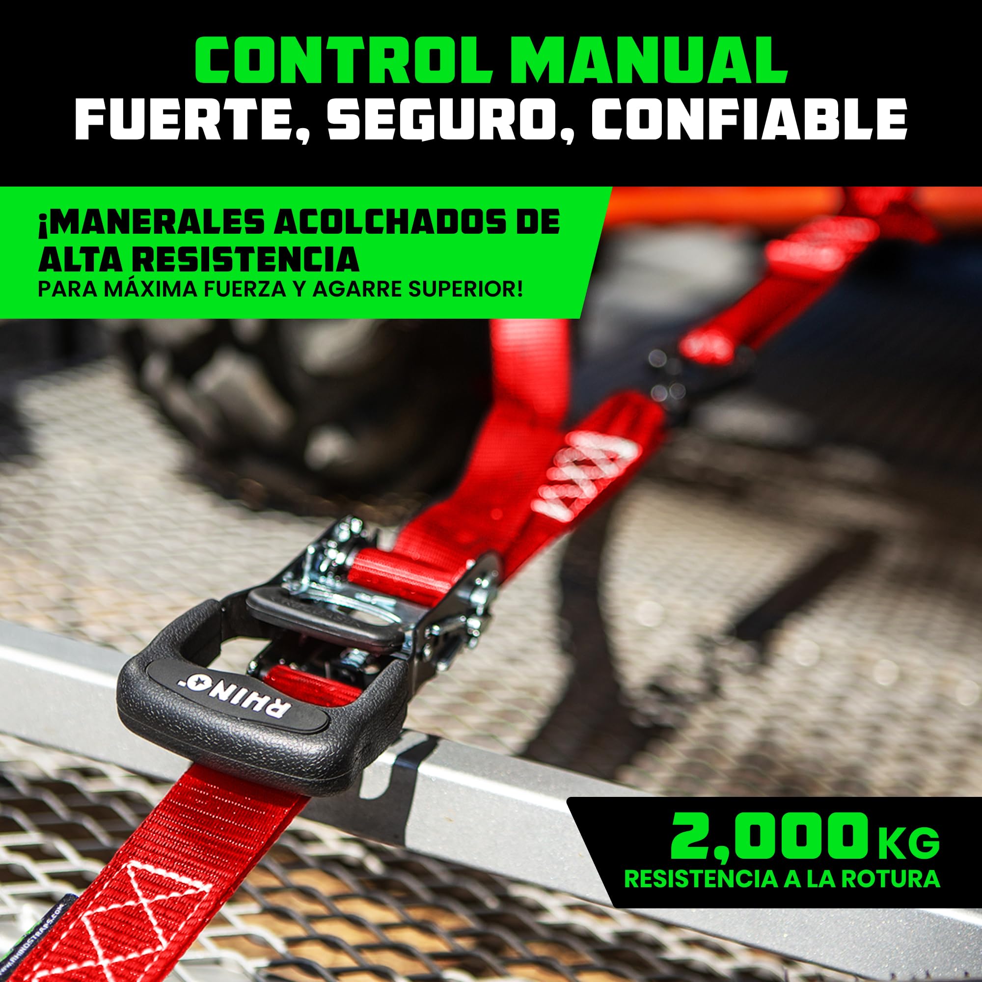 Kit de Correas de Trinquete Rhino USA Heavy Duty (Paquete de 4) - 4 cm x 2.4 m (2,000 kg de Resistencia de Rotura) - Correas de Amarre con Ganchos en S de Seguridad para ATV, UTV, Carga y Más - Rojo
