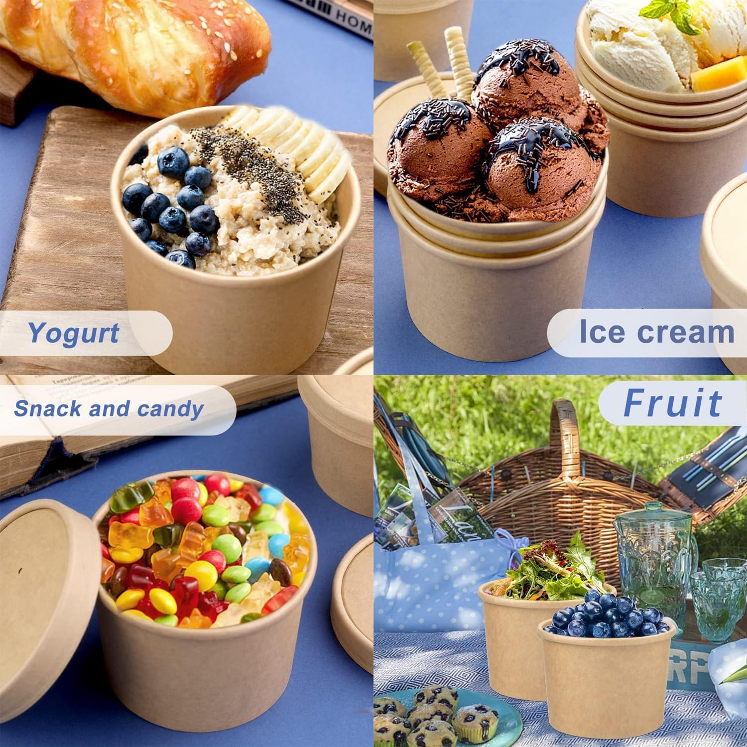 [25 juegos – 8 onzas] Recipientes de papel kraft para sopa de alimentos con tapas ventiladas, cuencos desechables para microondas, tazas de helado, ideales para restaurantes – 30 etiquetas