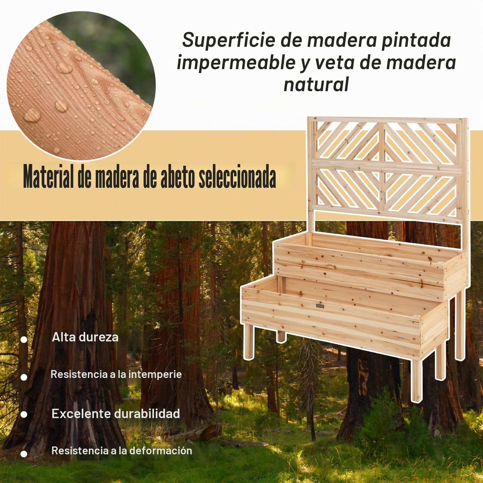 HOMASIS Macetero con rejilla de madera para exterior, jardinera con enrejado de 2 estantes, jardinera vertical elevada para plantas trepadoras de abeto con agujeros de drenaje, 109x62x135 cm (Natural)