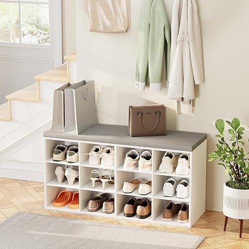 Miniatura 6 de Zapatero de 12 cubos con cojín, organizador de zapatos de madera de 3 niveles, banco organizador de zapatos multifuncional para entrada, vestíbulo,