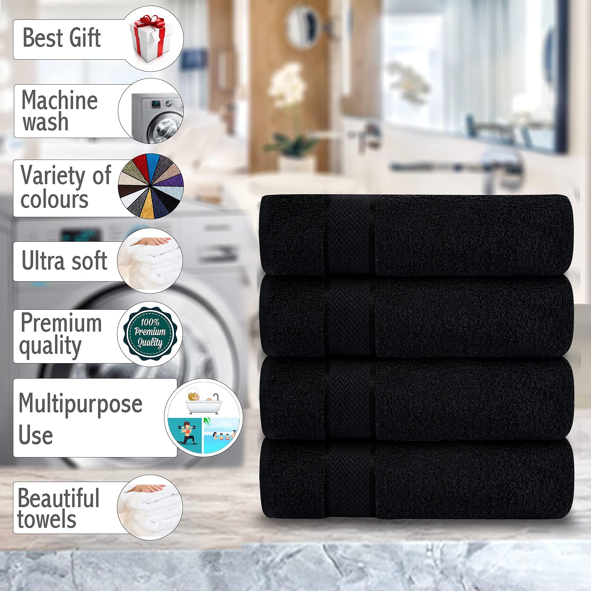 Toallas de baño de lujo, 100 % algodón, ultrasuaves, afelpadas, gruesas, esponjosas, altamente absorbentes, de secado rápido, para el hogar, gimnasio, piscina, hotel, ducha, juego de 4