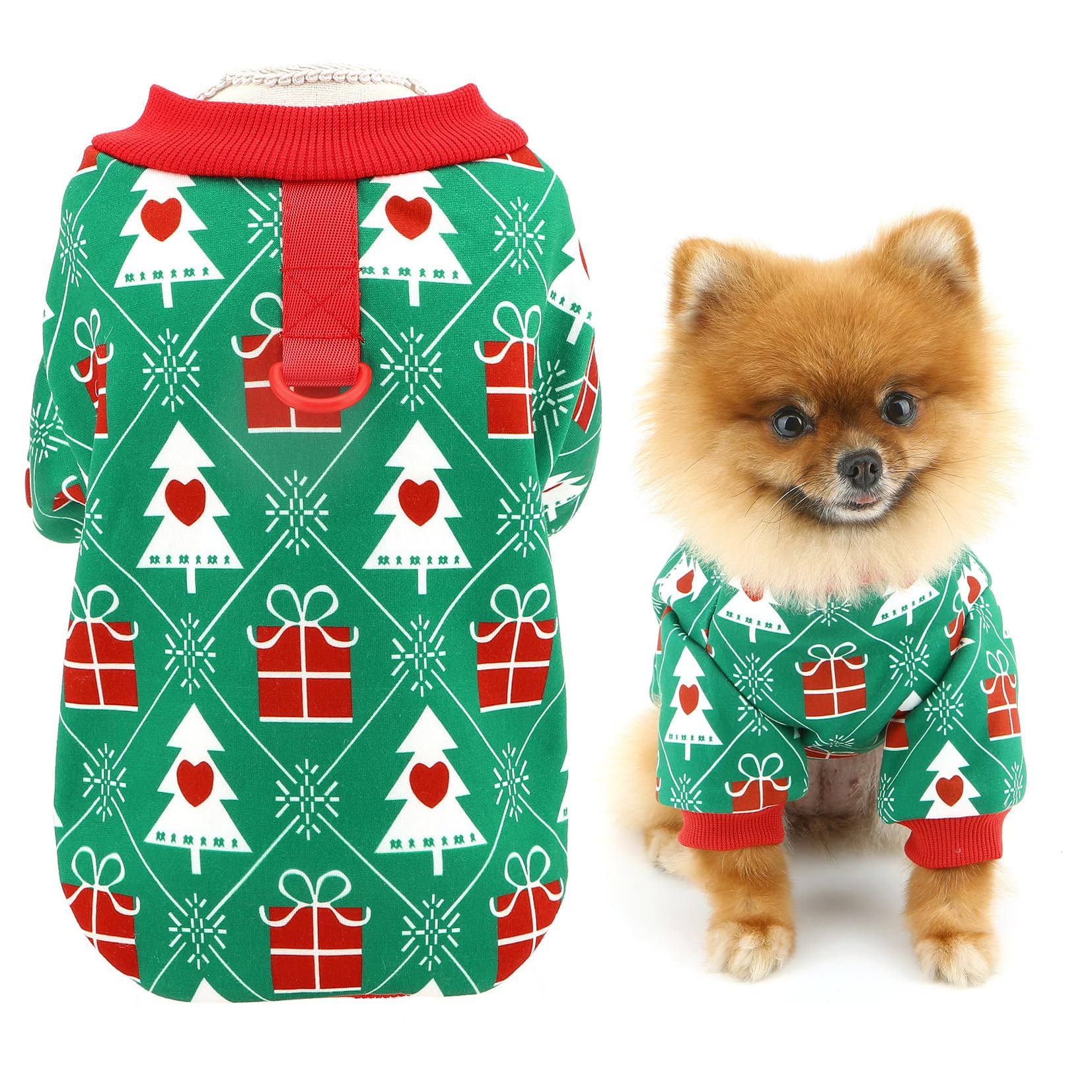 SMALLLEE_LUCKY_STORE Christmas Dog Jumper for Small Dog Fleece Pet Pullover Sweatshirt with D-ring Warm Winter Fall Clothes with Cute Xmas Pattern Chihuahua Yorkie Cat Costume, Green, XL