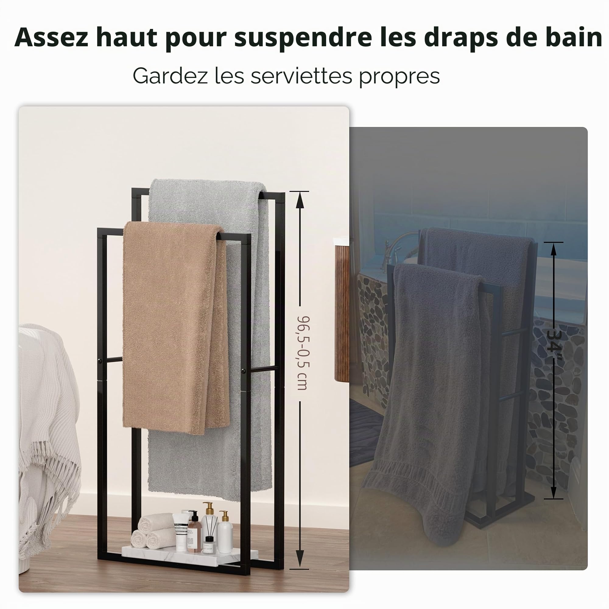 KES Porte-Serviettes sur Pied Noir, Double Porte-Serviettes Salle de Bain Porte Serviette avec Base en Marbre Barre Seche Serviette, BTH501-BK