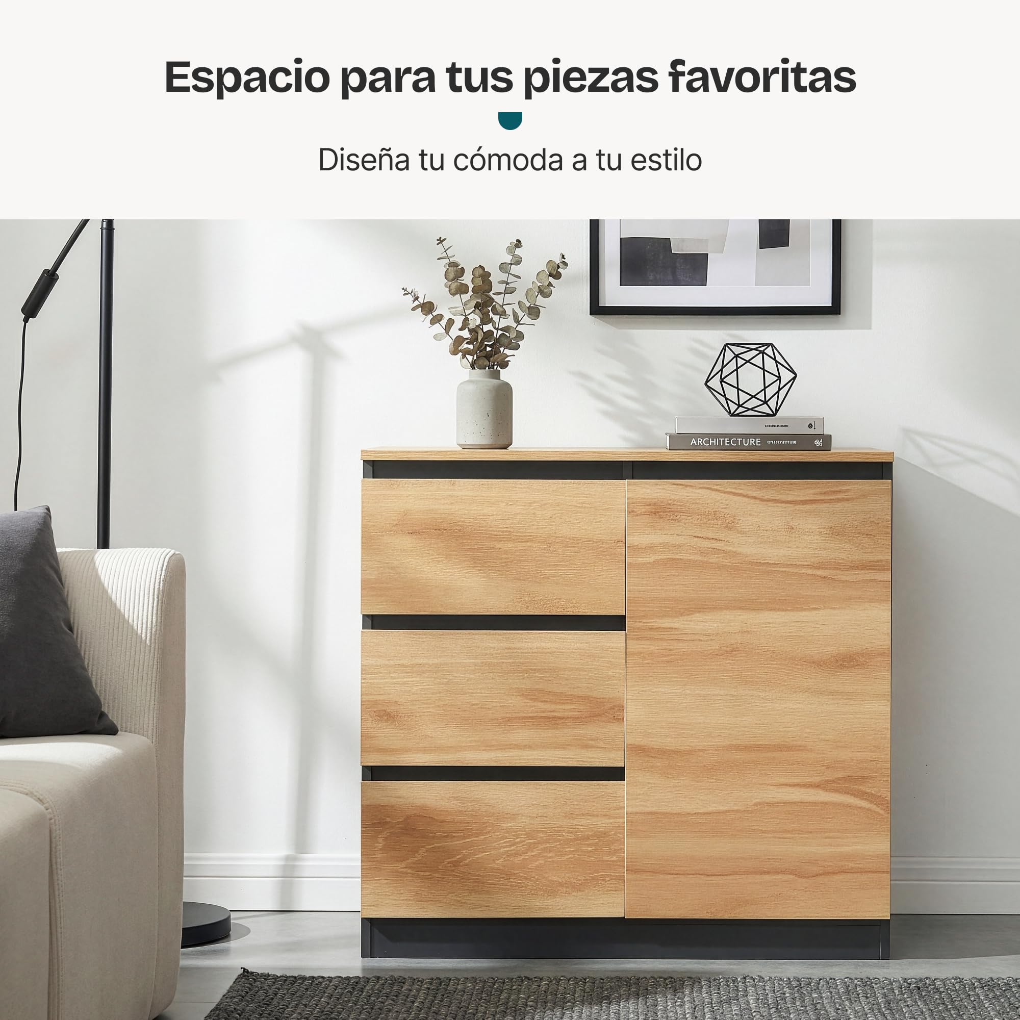 [en.casa] Aparador para Salón Kyr Armario Multiusos con 3 Cajones Compartimentos Cerrados con Puerta Mueble Auxiliar de Cocina Comedor Oficina Aglomerado 80 x 40 x 75 cm - Efecto Roble Rústico/Negro