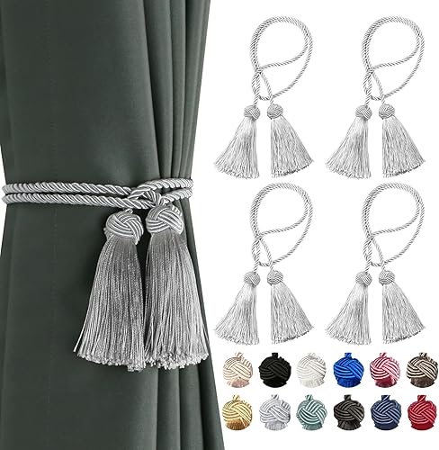 BEL AVENIR Paquete de 4 alzapaños decorativos hechos a mano para cortinas con borlas (plata, paquete de 4)