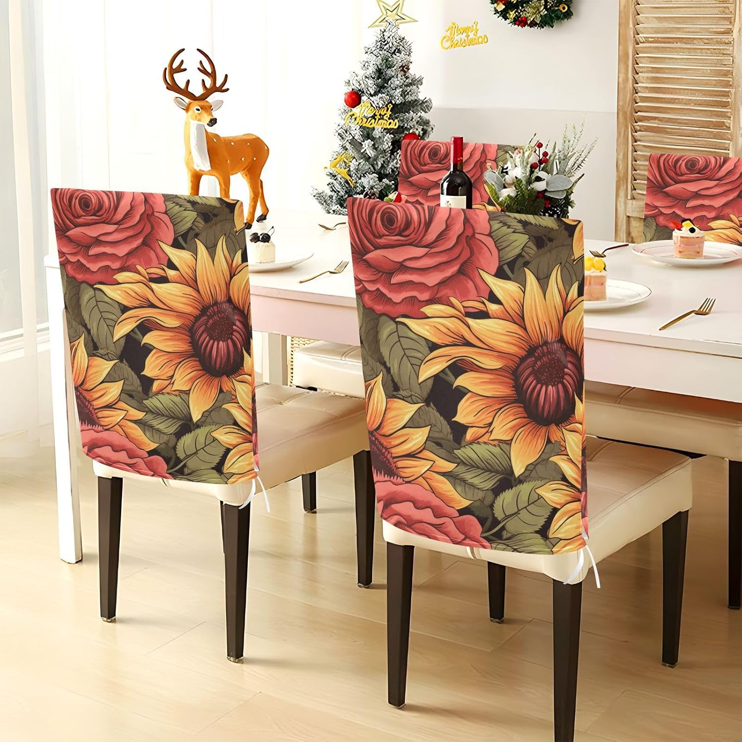 ALAZA Roses and Sunflowers Chair Back Cover Set of 6, Washable Reusable Removable Chair Slipcovers Decorative Chair Cover for Home Kitchen Wedding Party