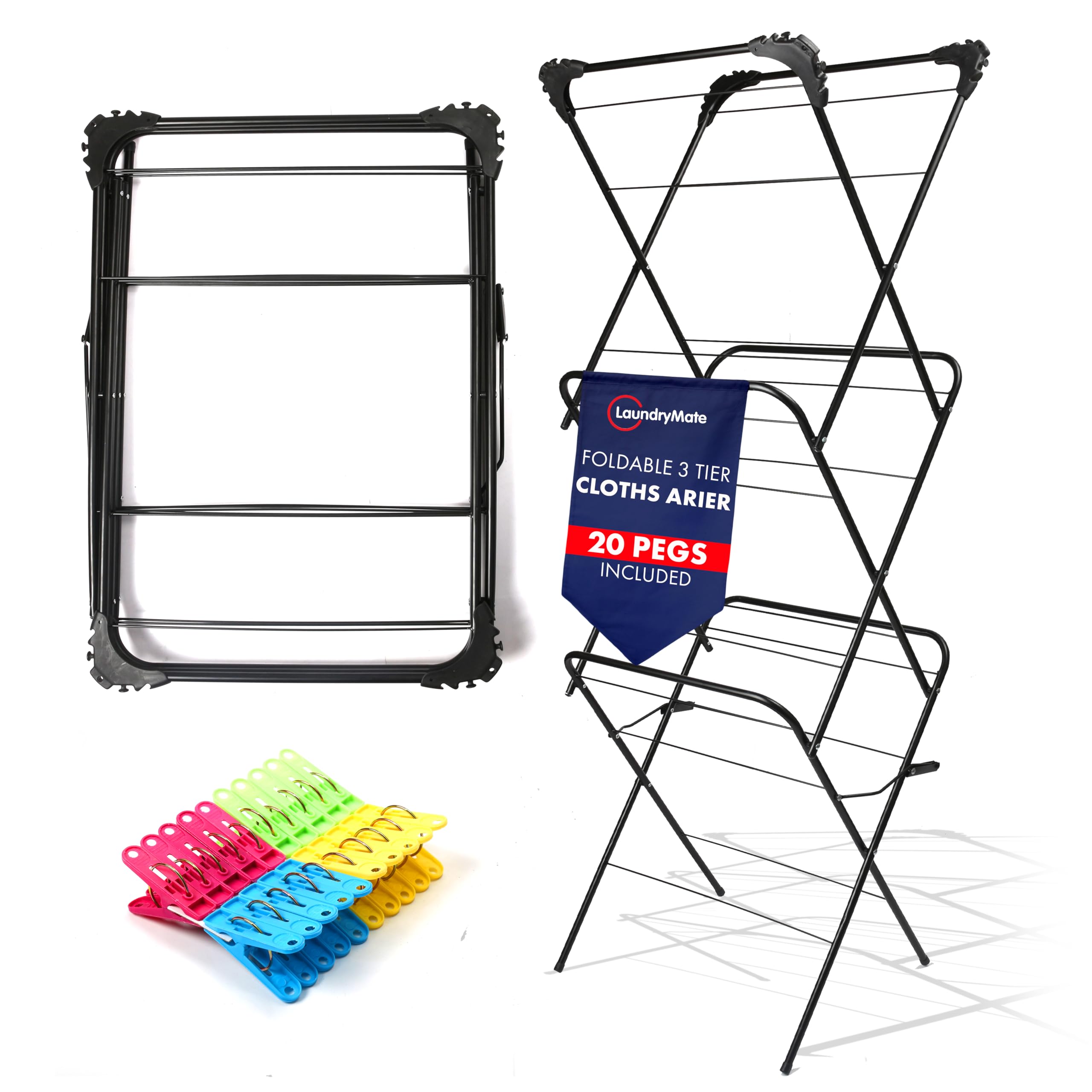 Laundry Mate 3-Tier Clothes Airer with 20 Pegs – Foldable Laundry Drying Rack with Non-Slip Feet - Durable Steel Frame, Extra Large Drying Space - Ideal For Indoor & Outdoor (Black)